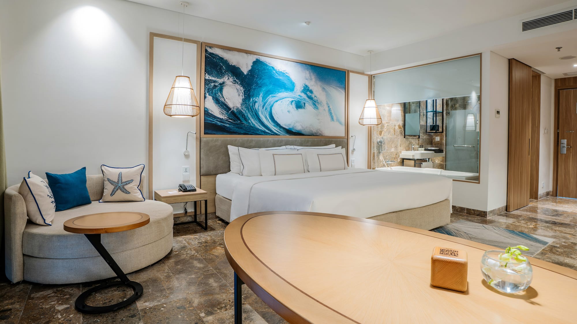 a room with a bed and a table