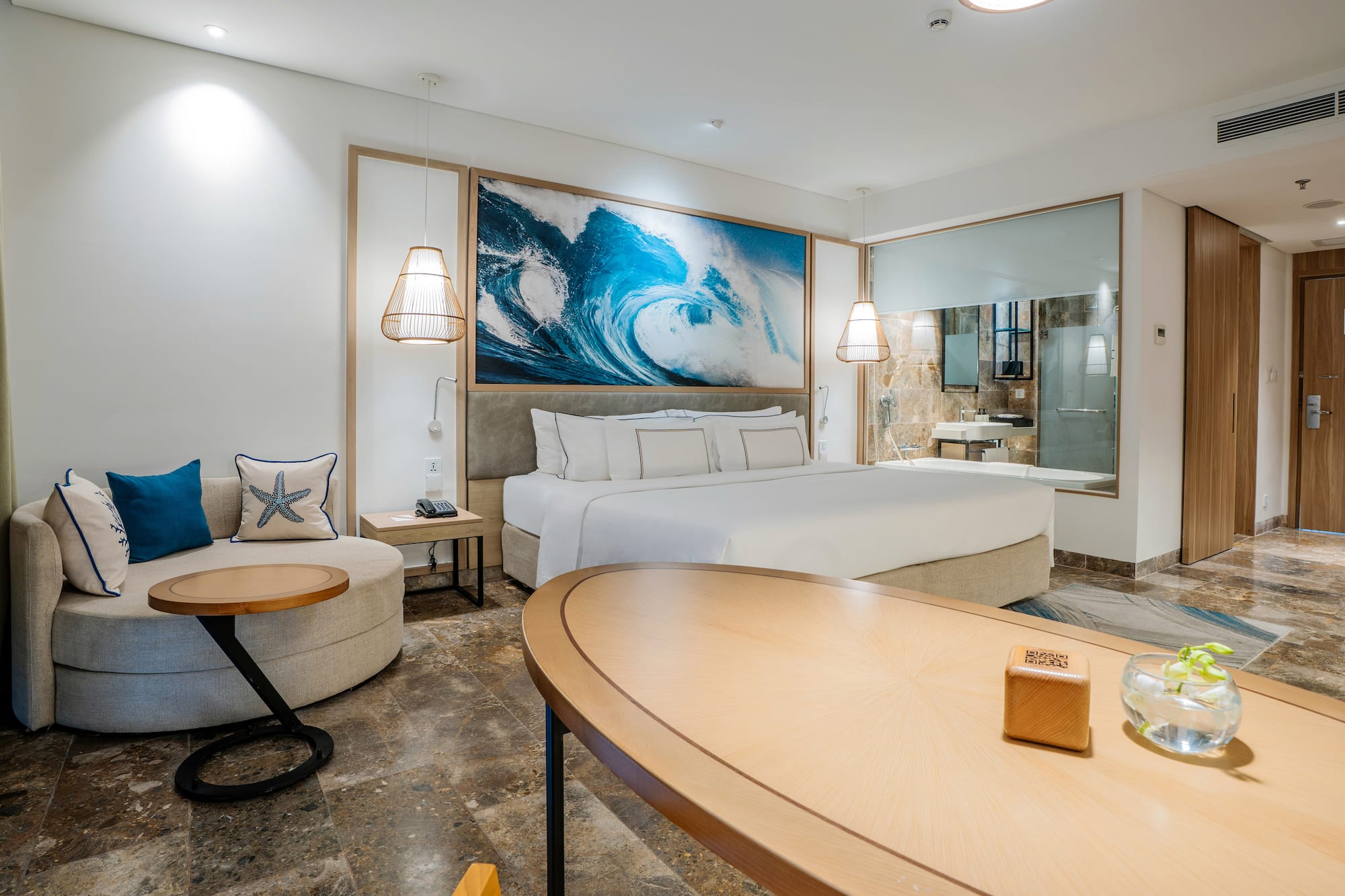 a room with a bed and a table