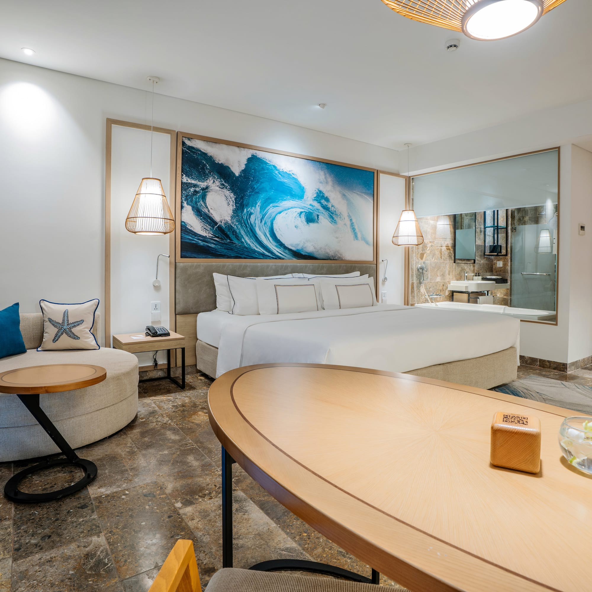 a room with a bed and a table