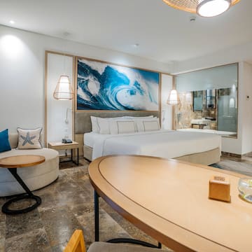 a room with a bed and a table