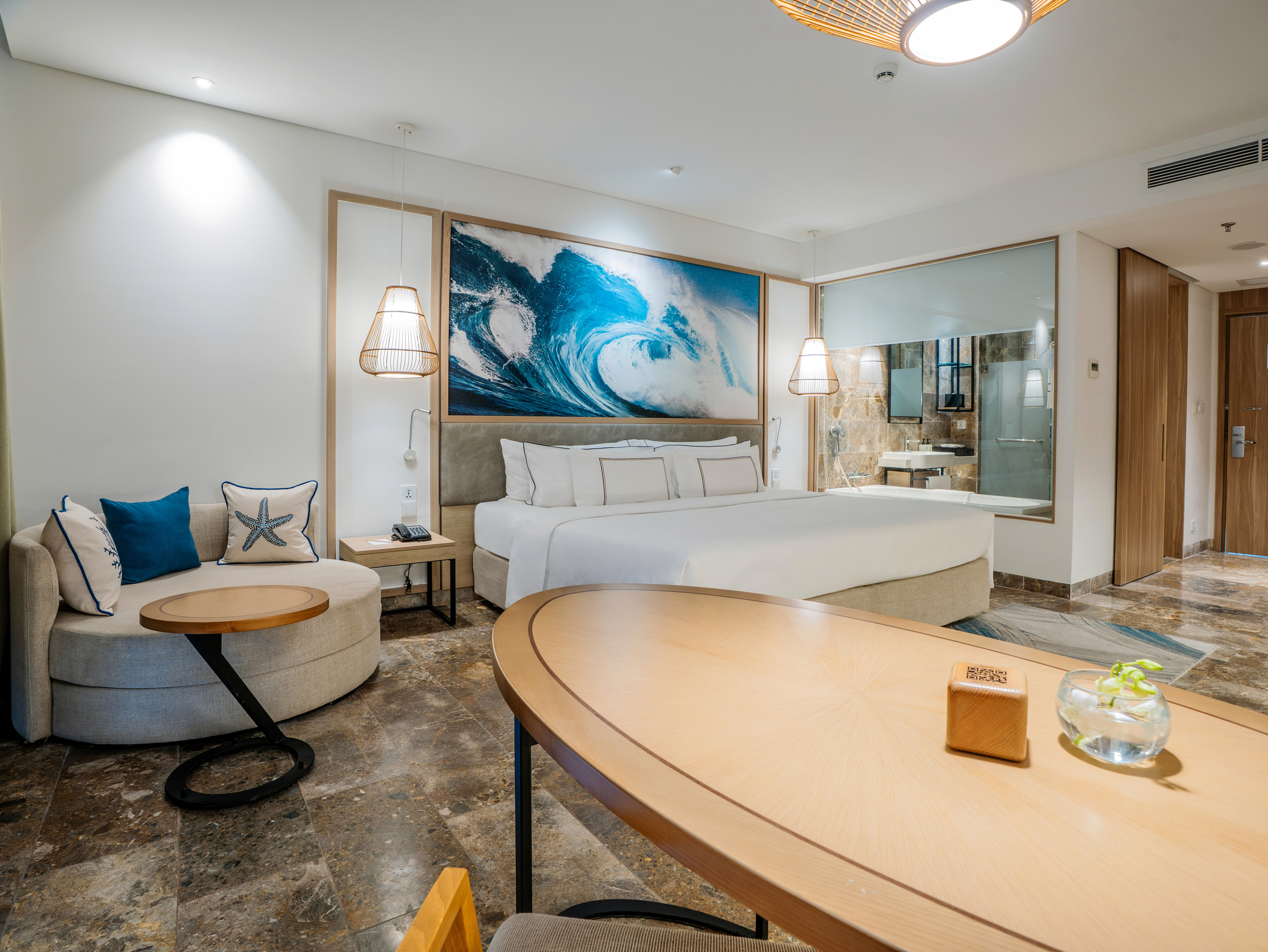 a room with a bed and a table