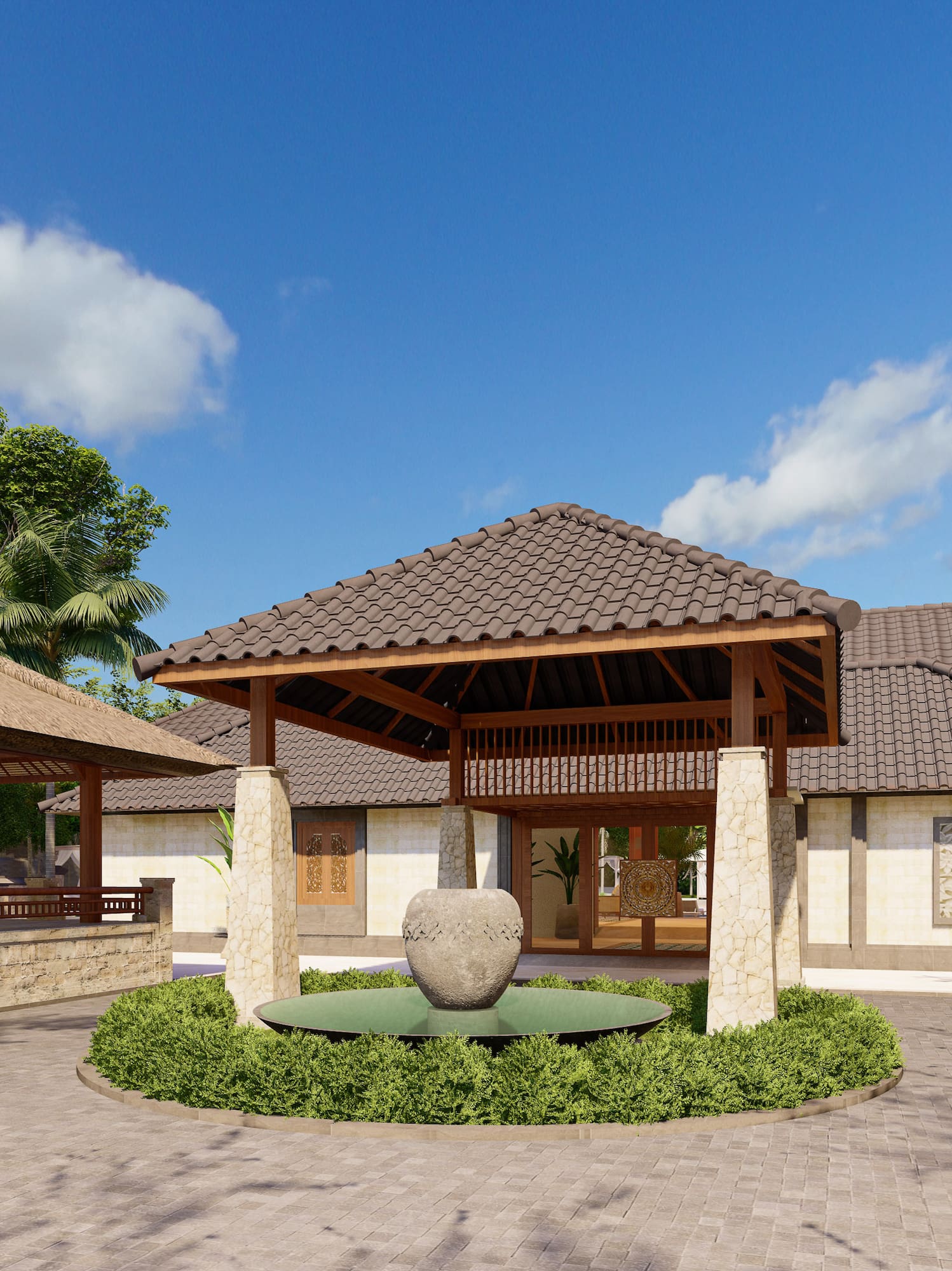a building with a fountain and a stone fountain