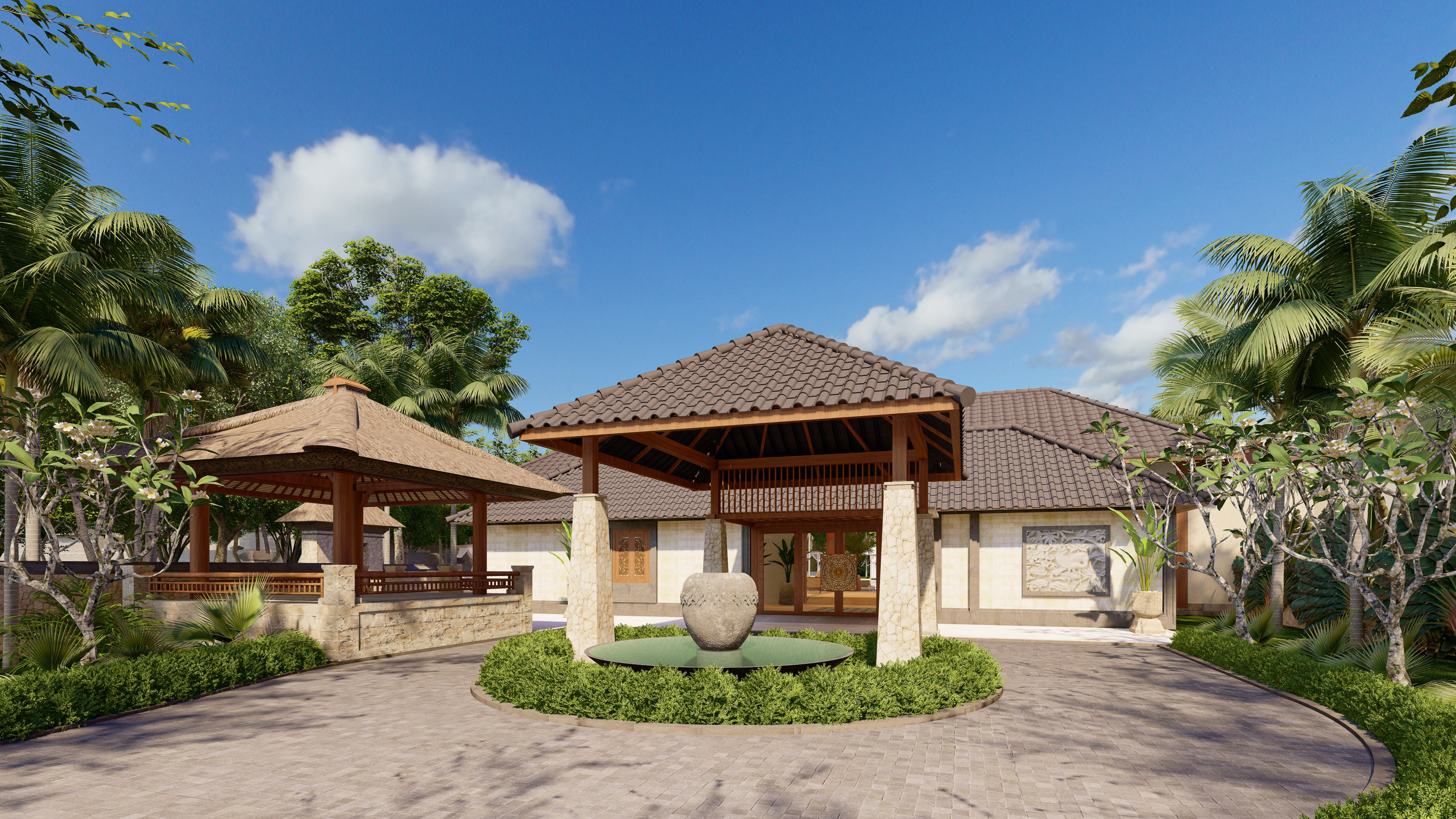 a building with a fountain and a stone fountain