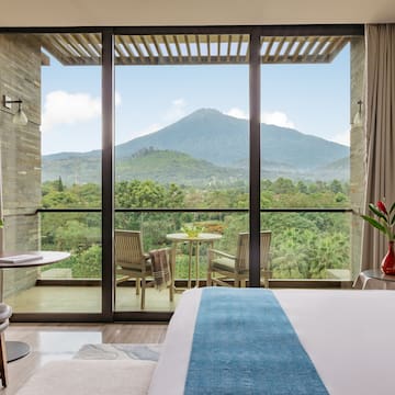a room with a view of a mountain and trees