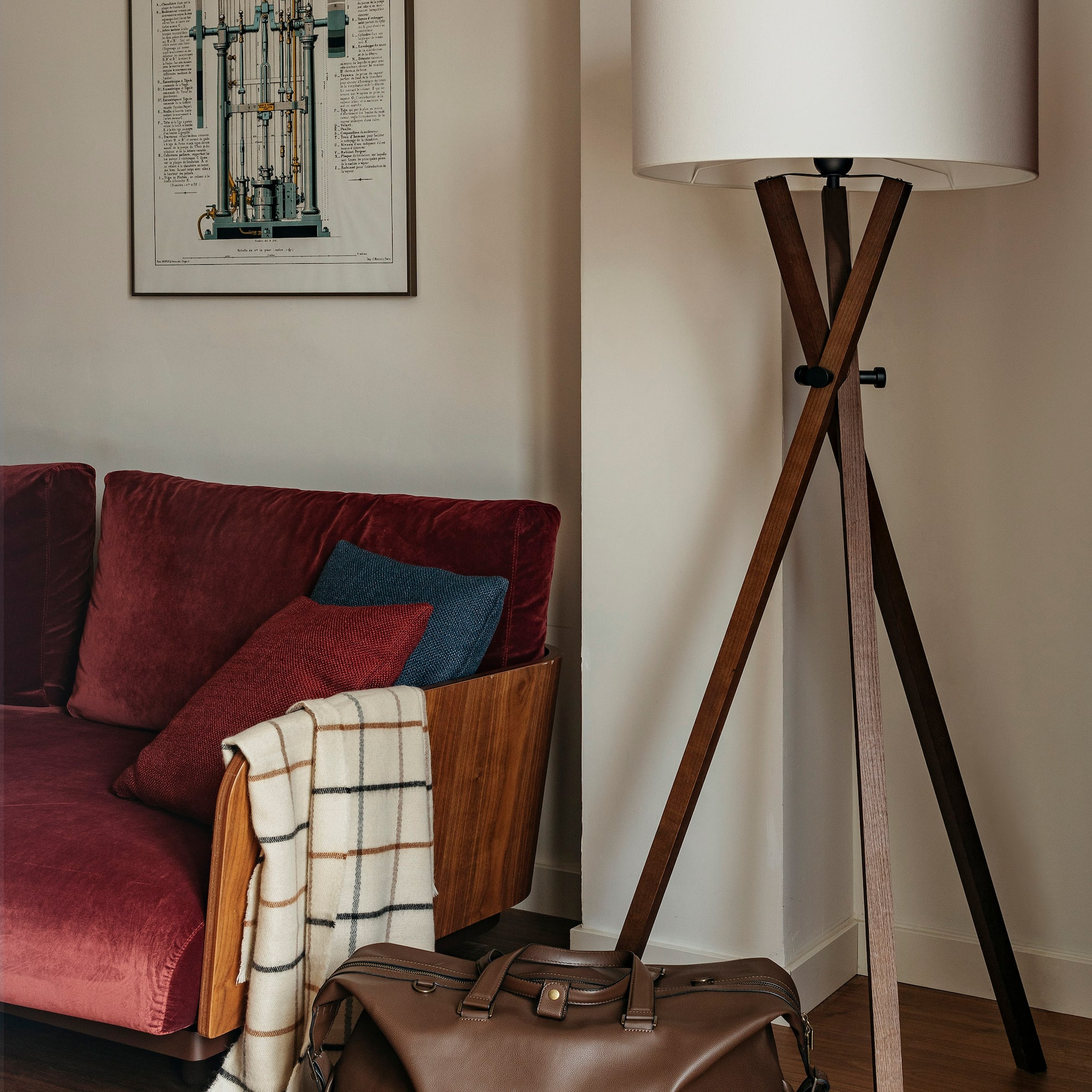 a lamp next to a bag