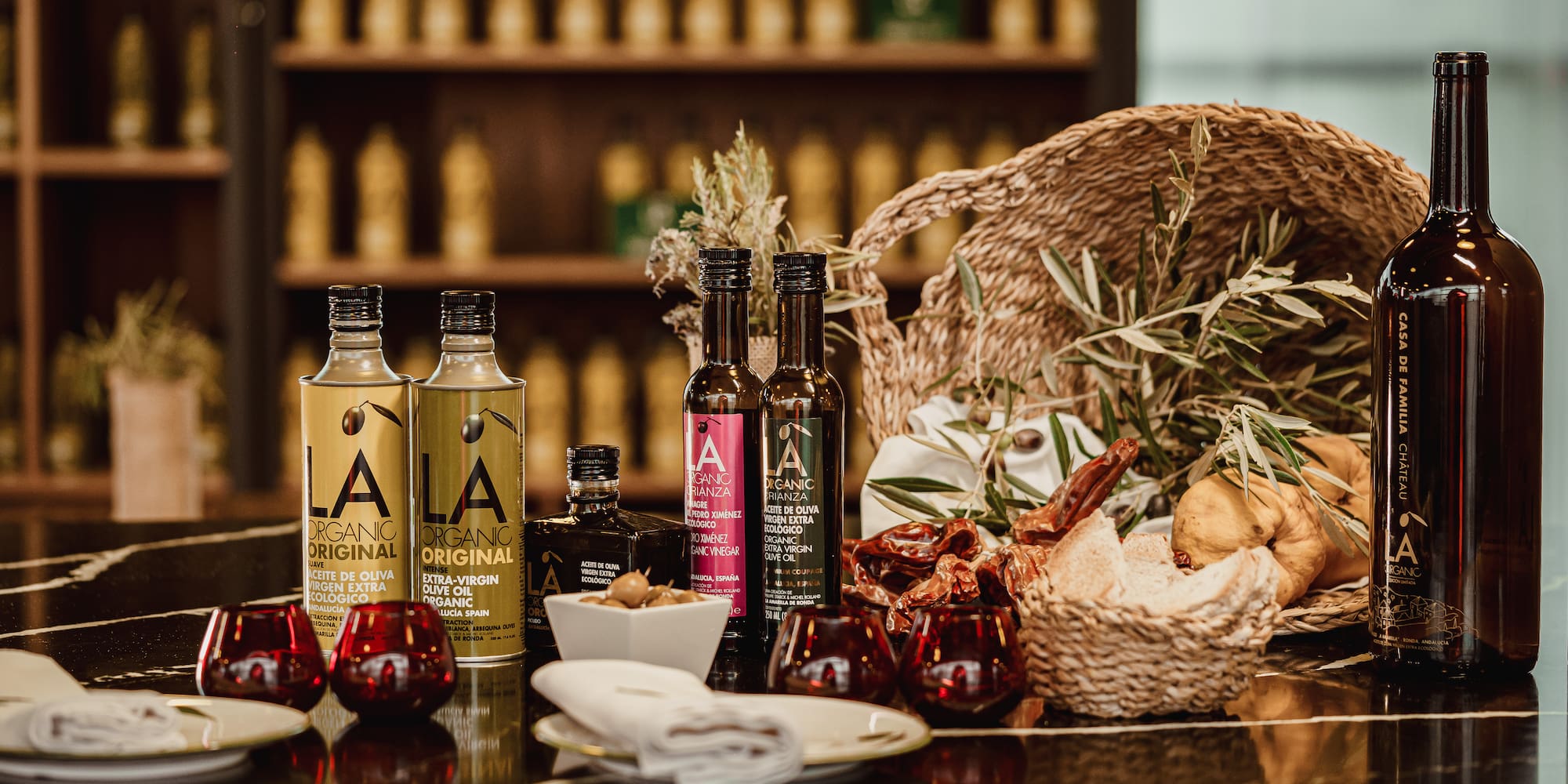 a table with food and bottles on it