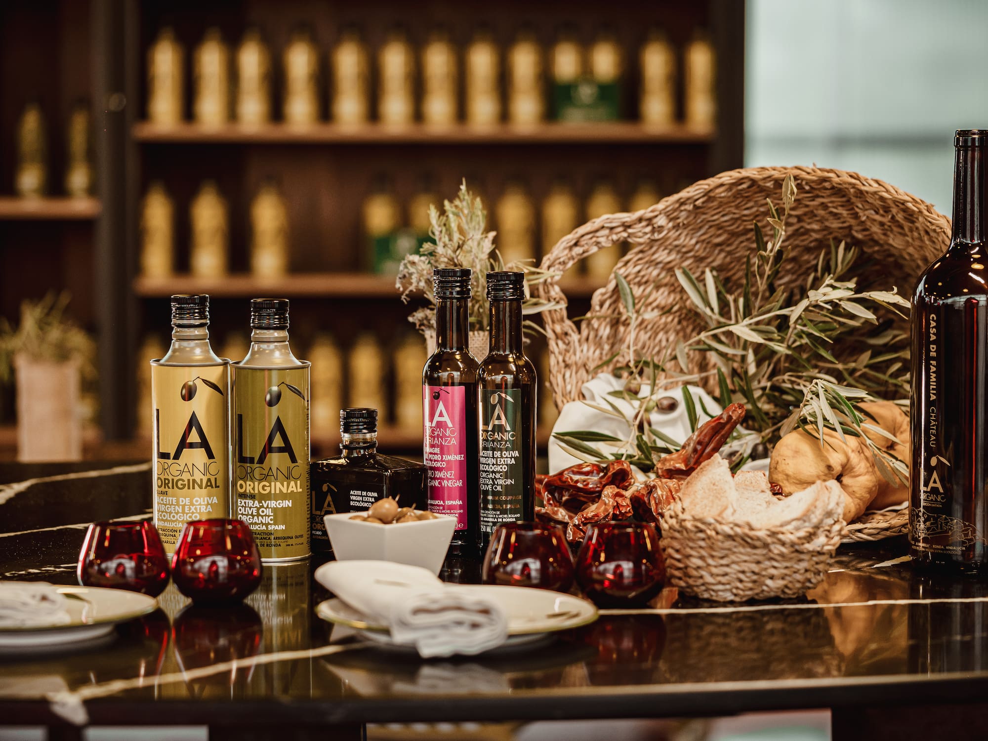 a table with food and bottles on it