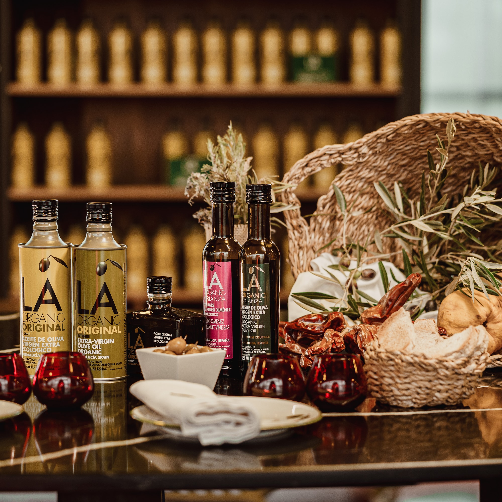 a table with food and bottles on it