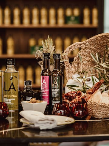 a table with food and bottles on it