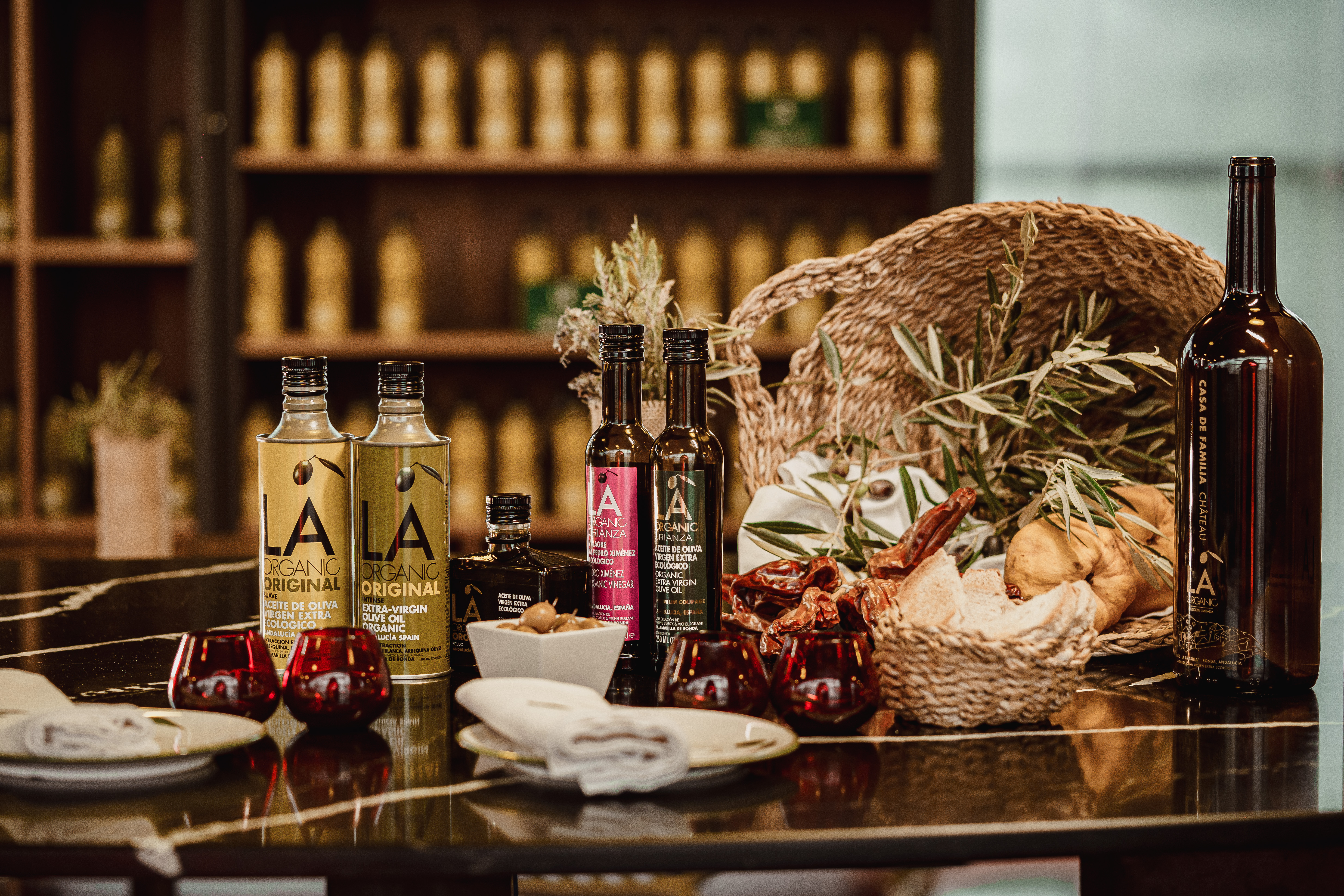a table with food and bottles on it