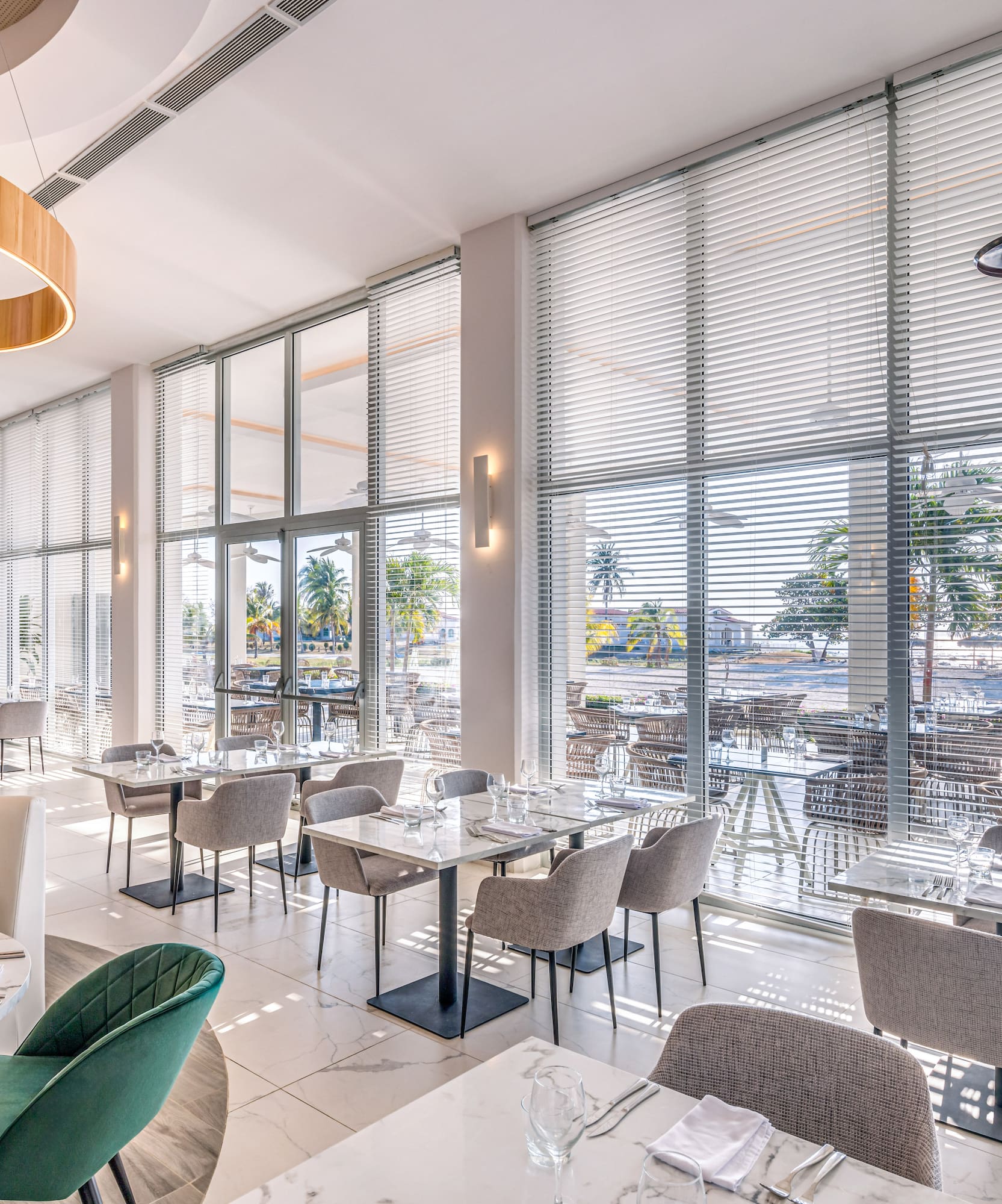 a room with tables and chairs