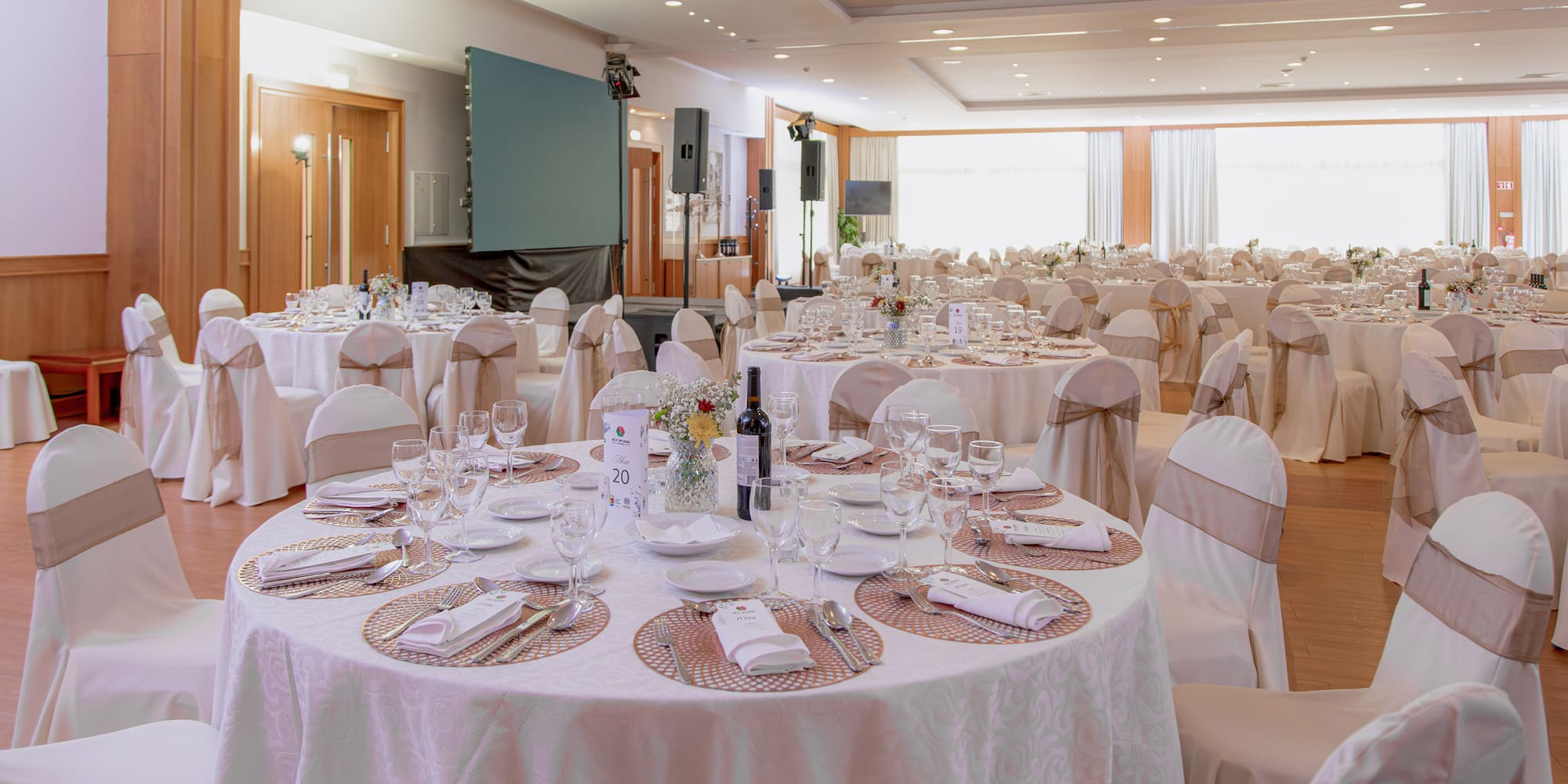 a room with tables and chairs