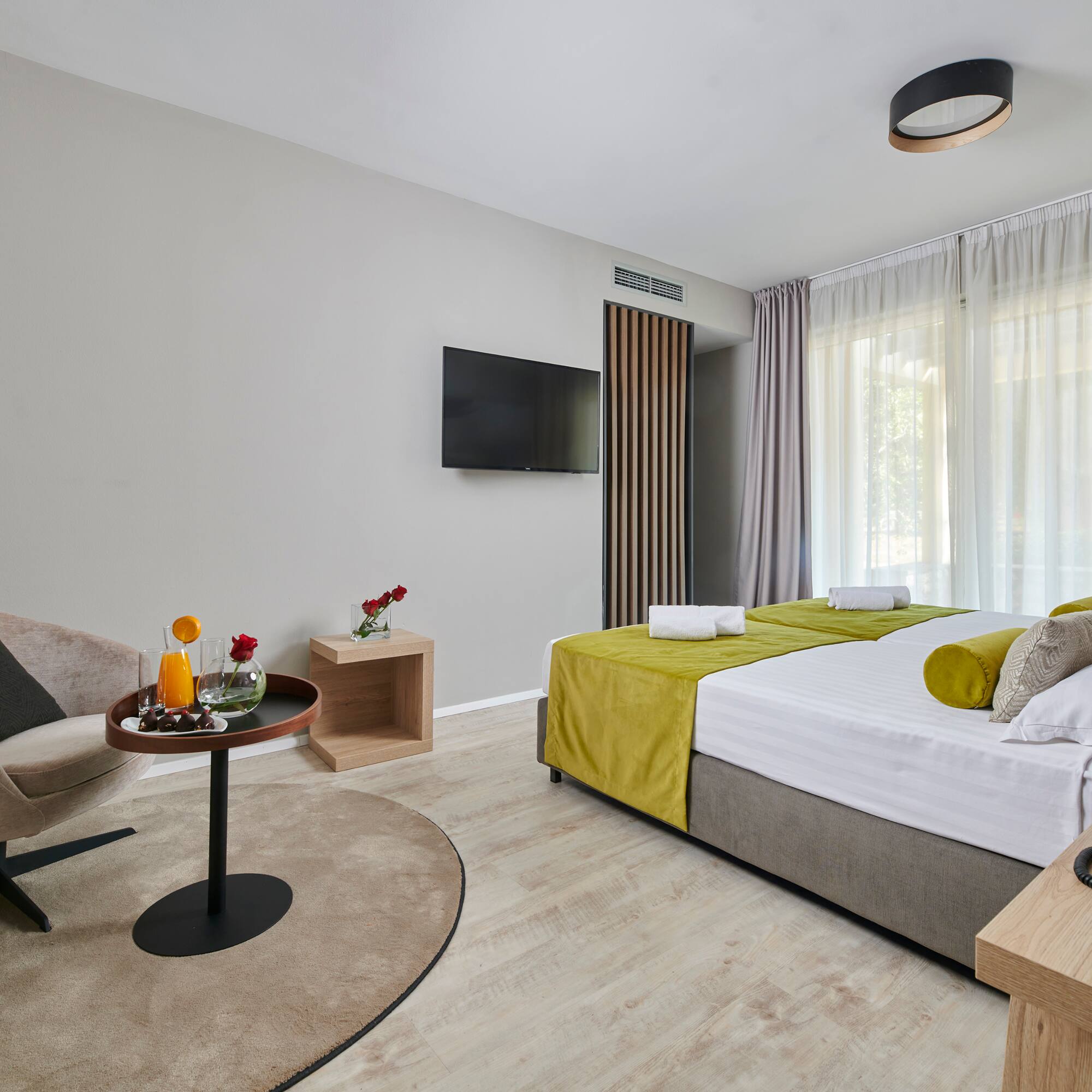 a room with a bed and a television