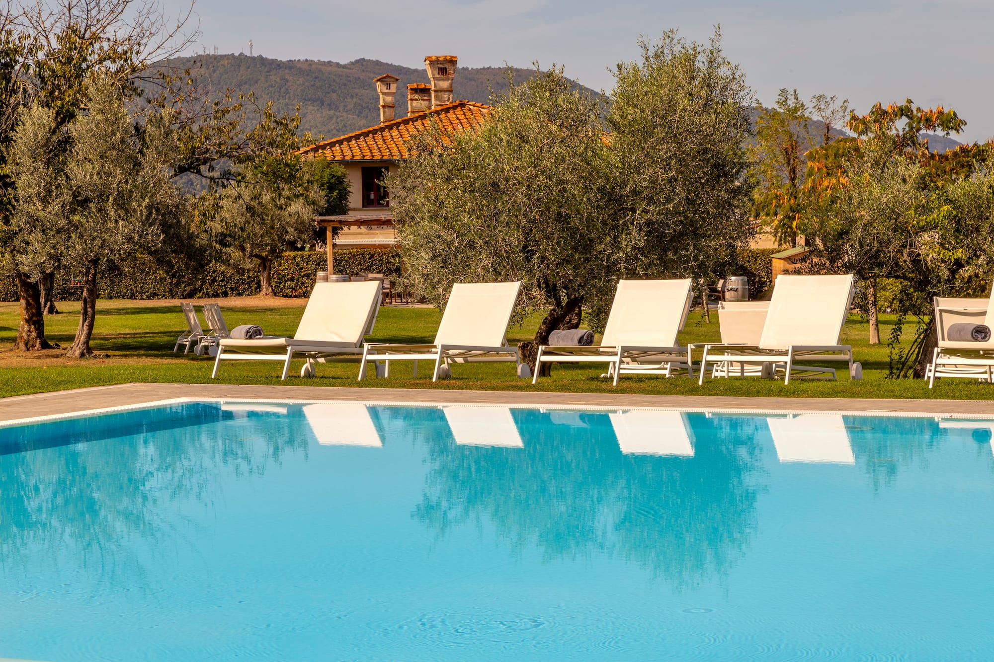 a pool with lounge chairs and trees in the background