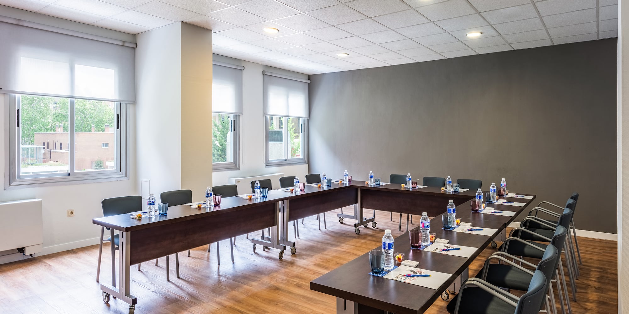 a room with tables and chairs