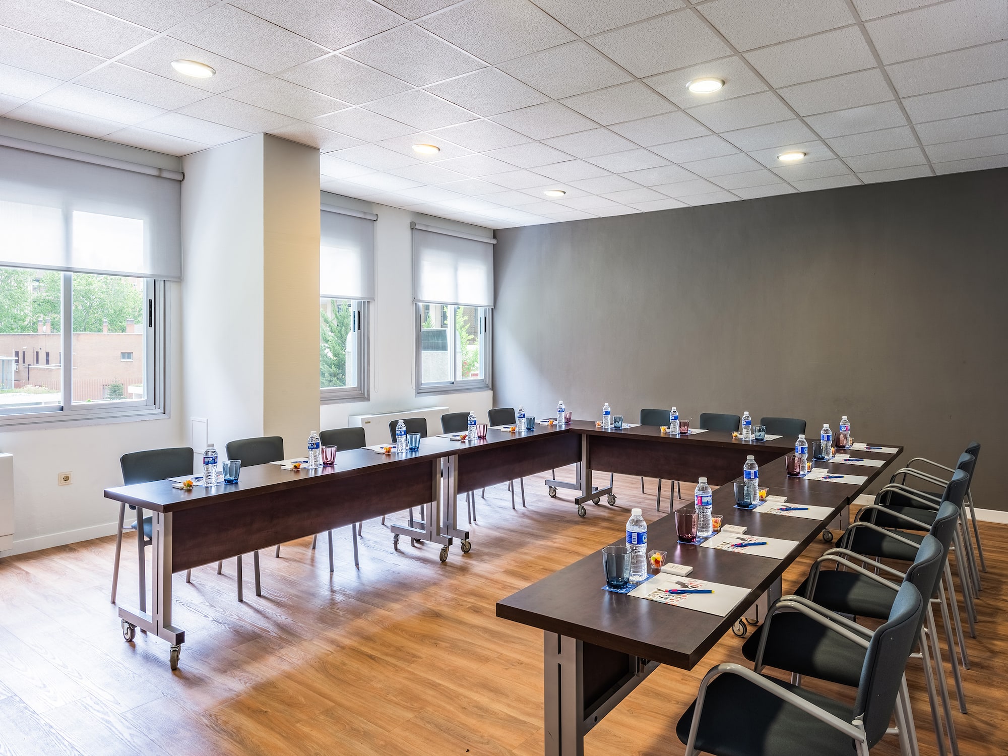 a room with tables and chairs