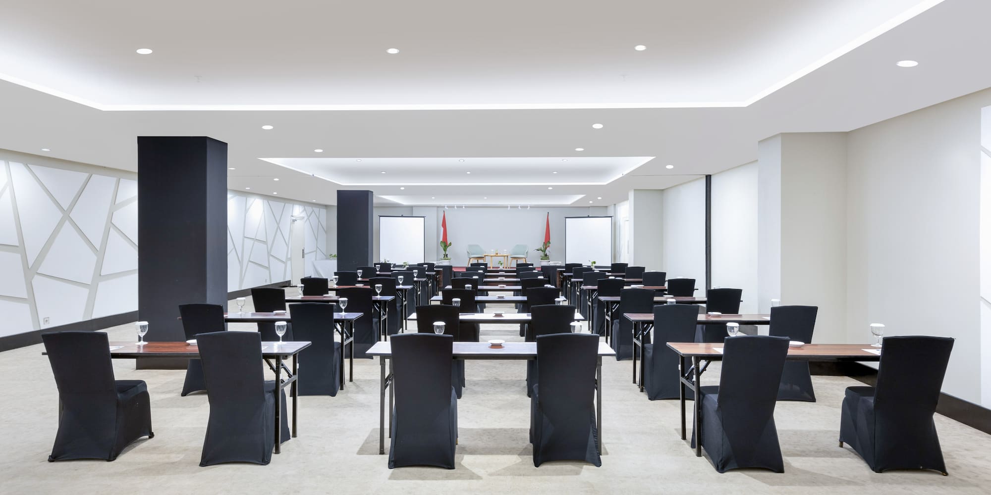 a room with tables and chairs