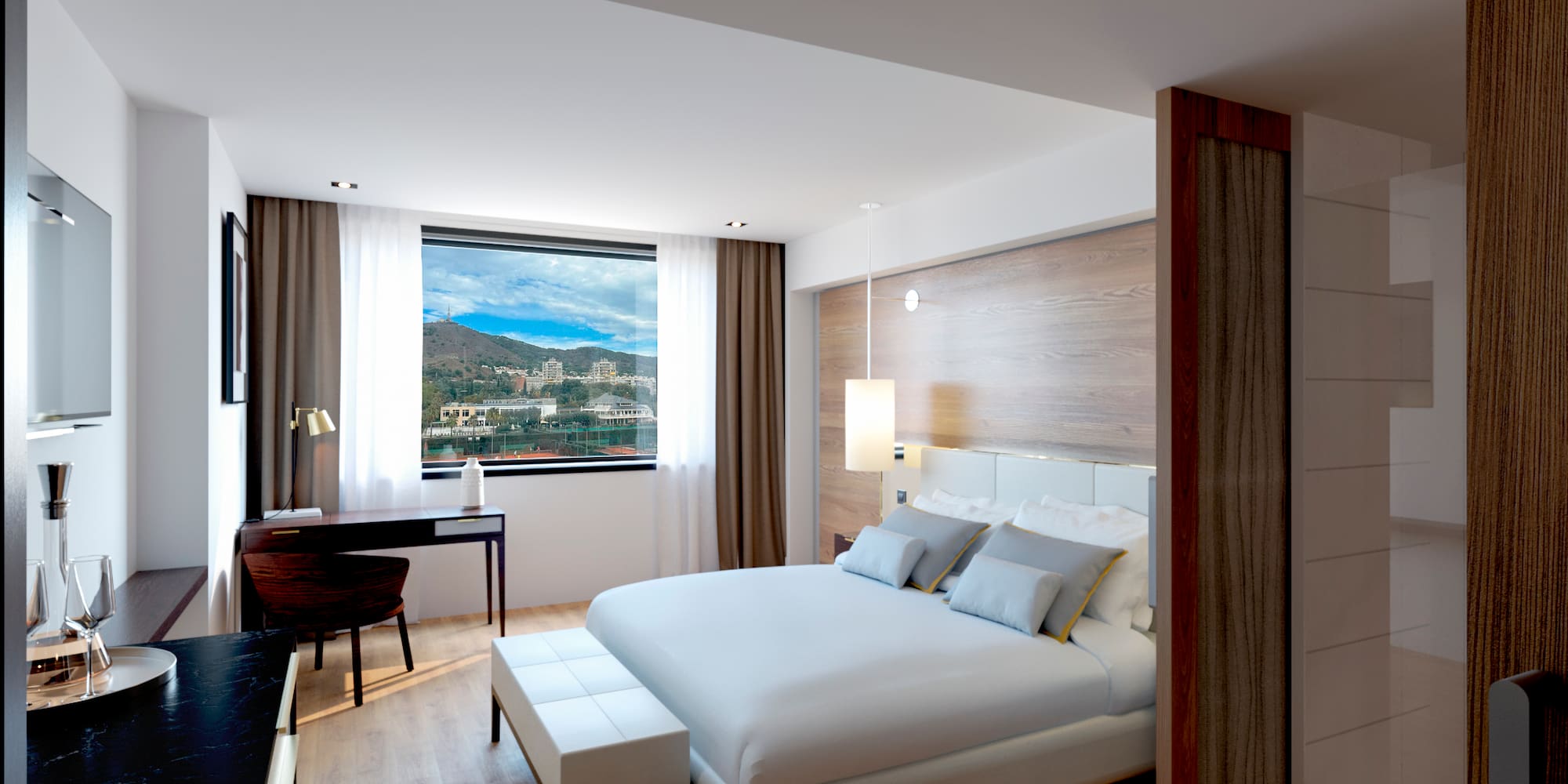 a bedroom with a desk and a bed