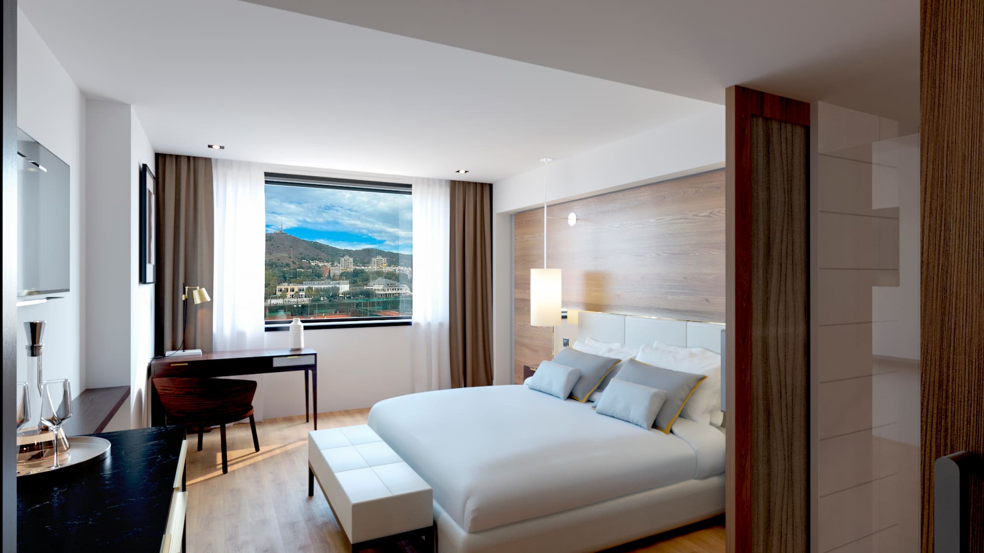 a bedroom with a desk and a bed