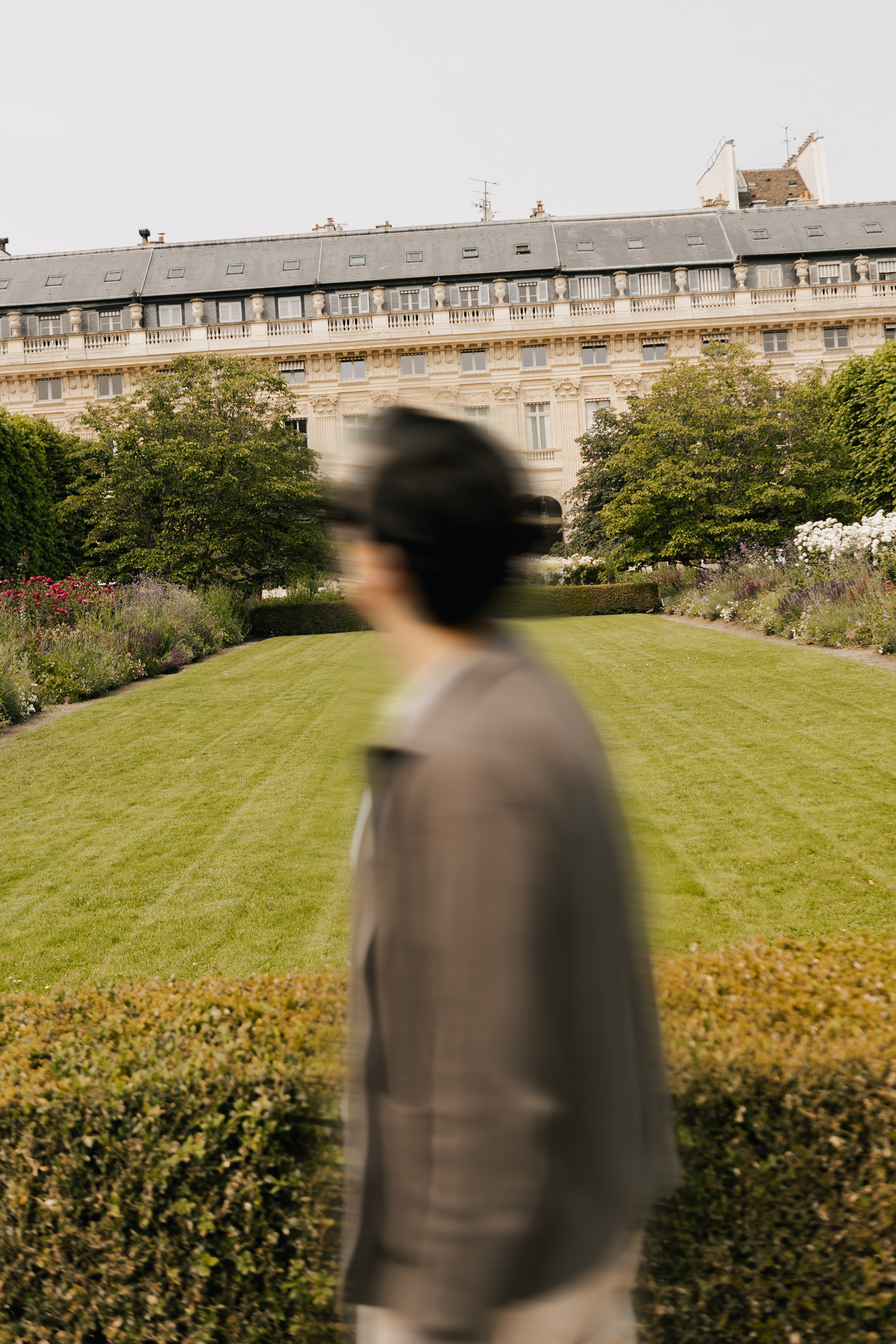 a blurry image of a person walking in a garden