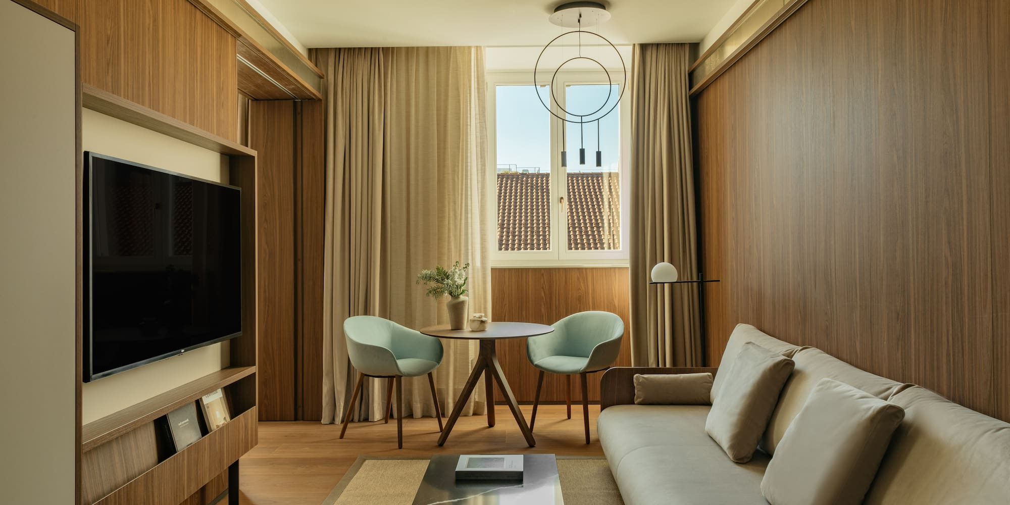 a living room with a couch and a table