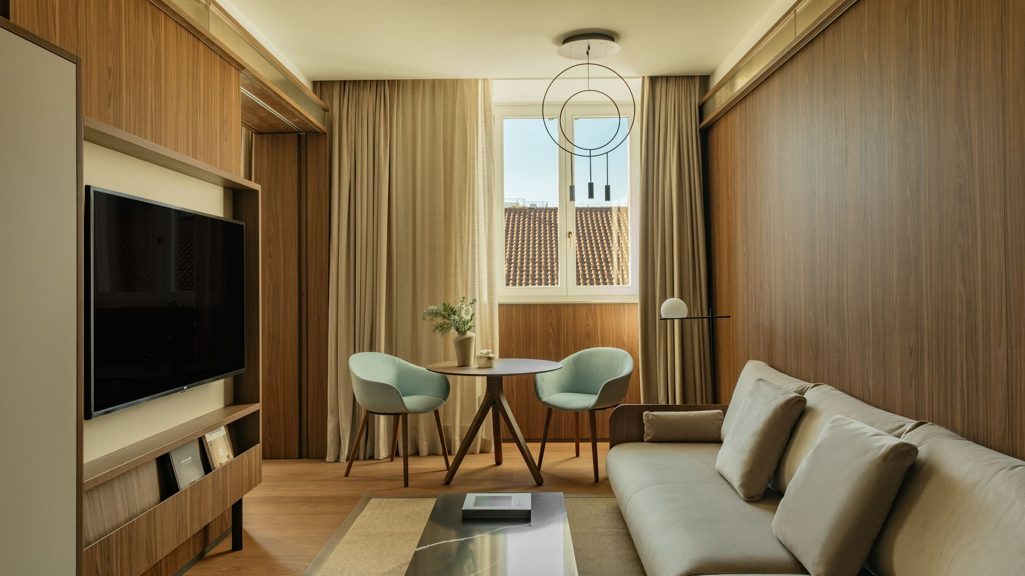 a living room with a couch and a table