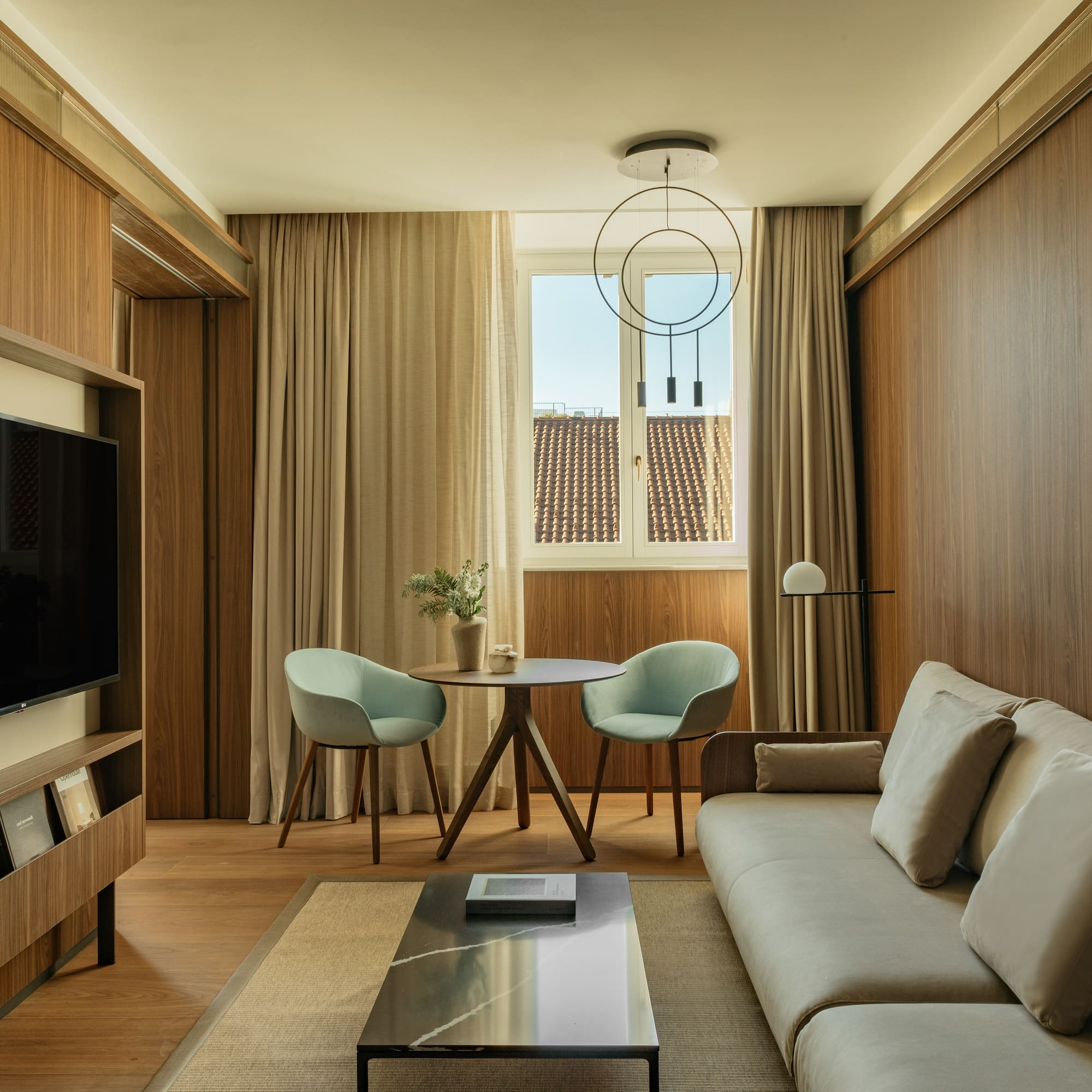 a living room with a couch and a table