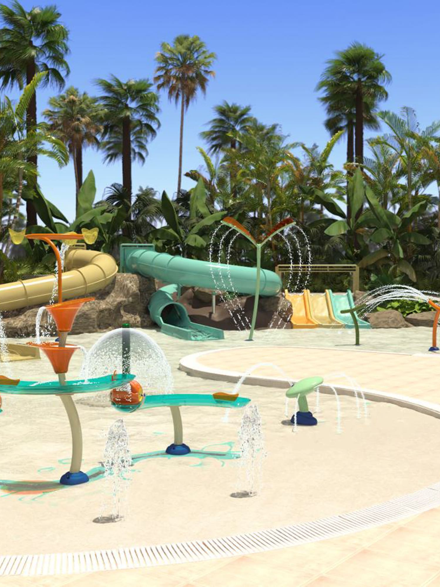 a water park with trees and a blue sky