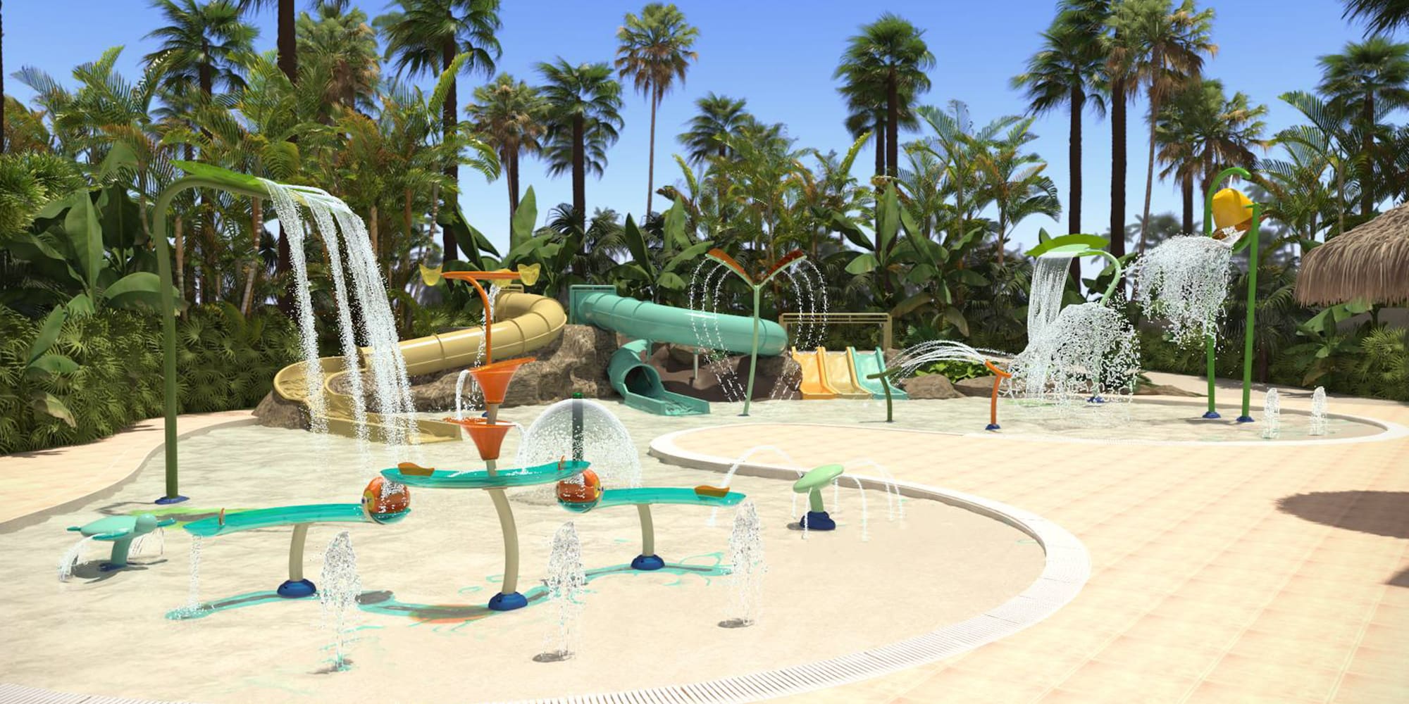 a water park with trees and a blue sky