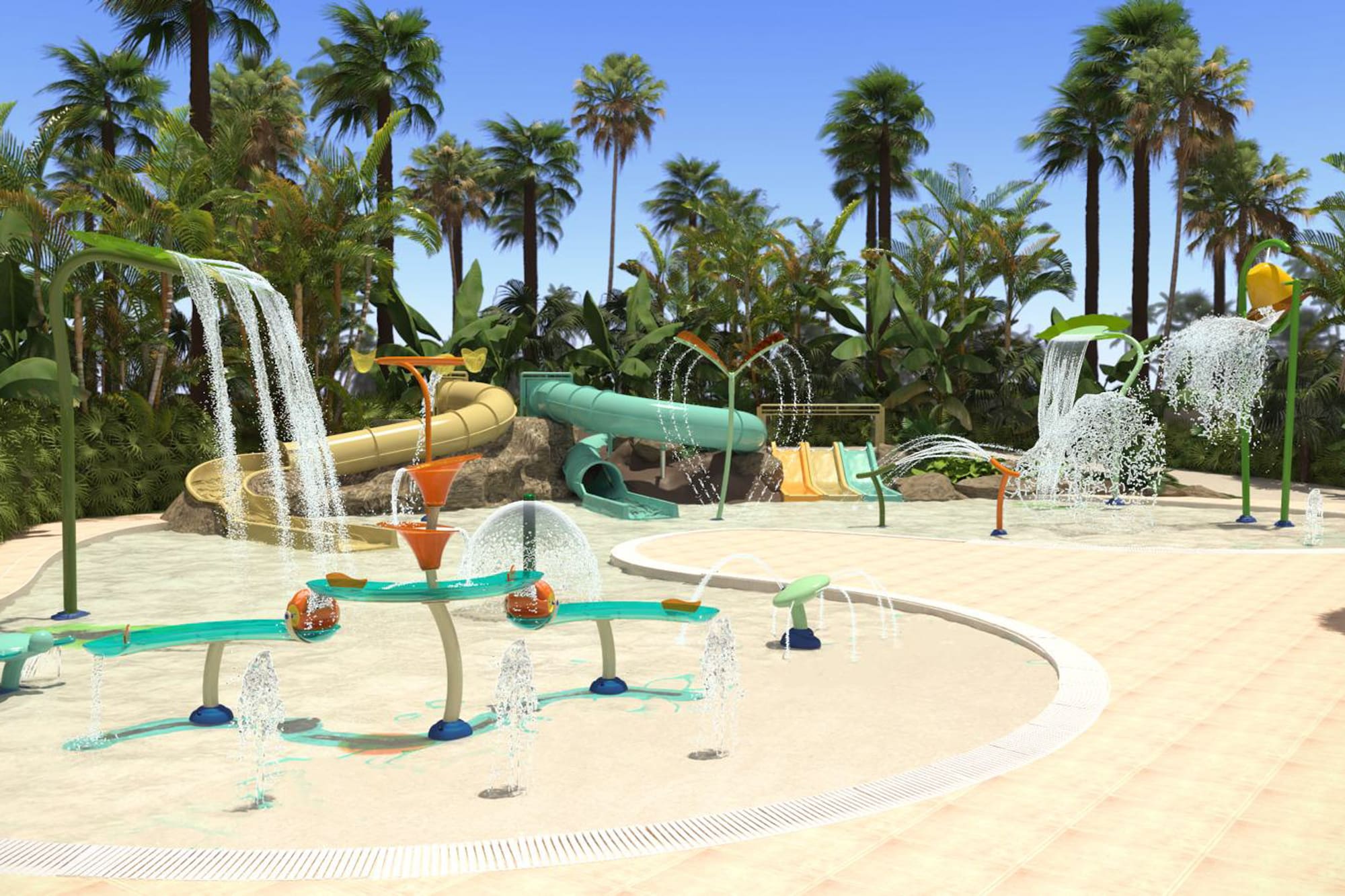 a water park with trees and a blue sky