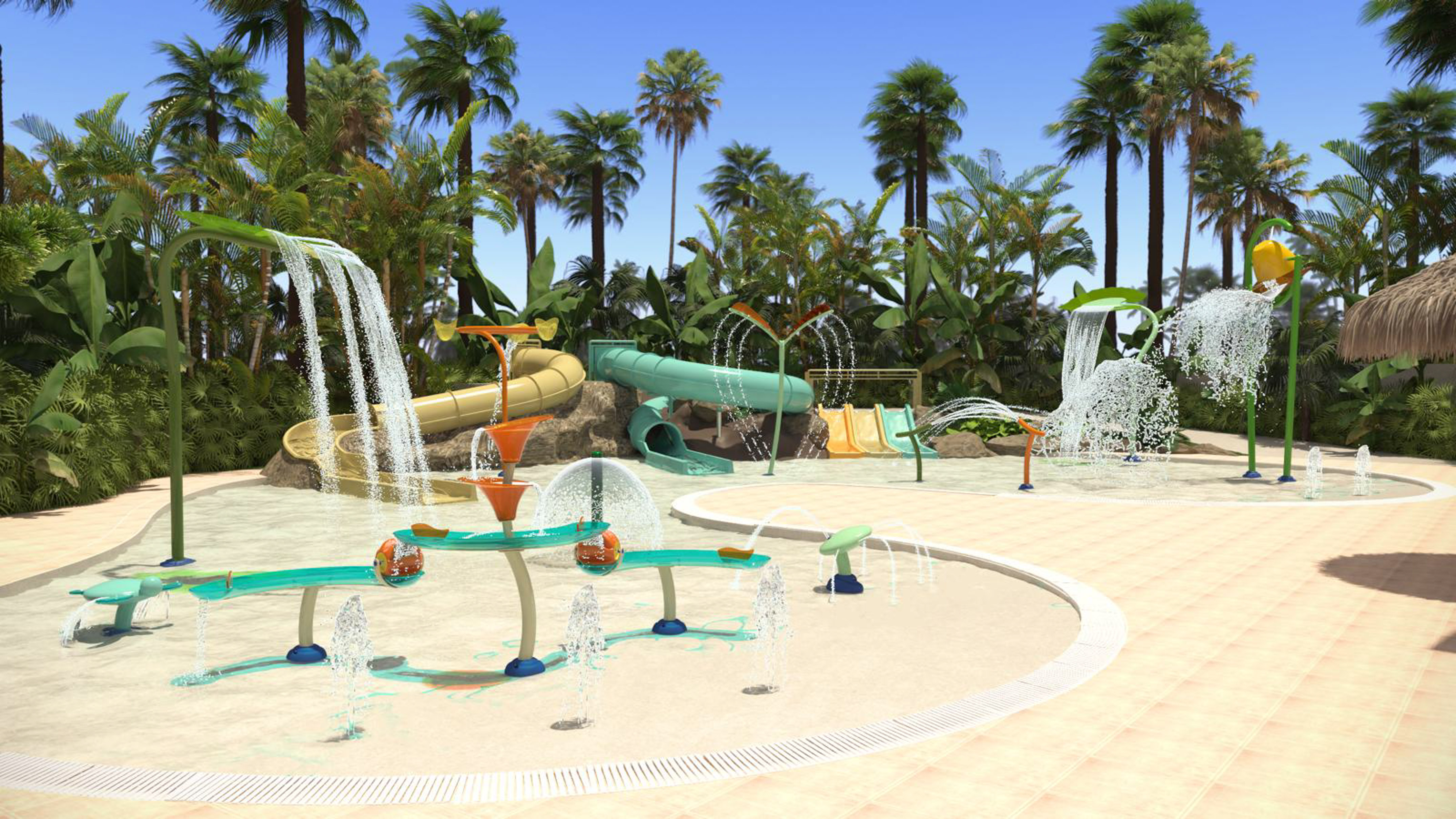 a water park with trees and a blue sky