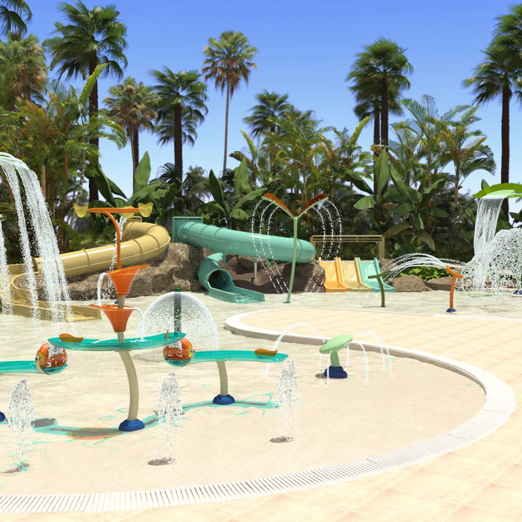 a water park with trees and a blue sky