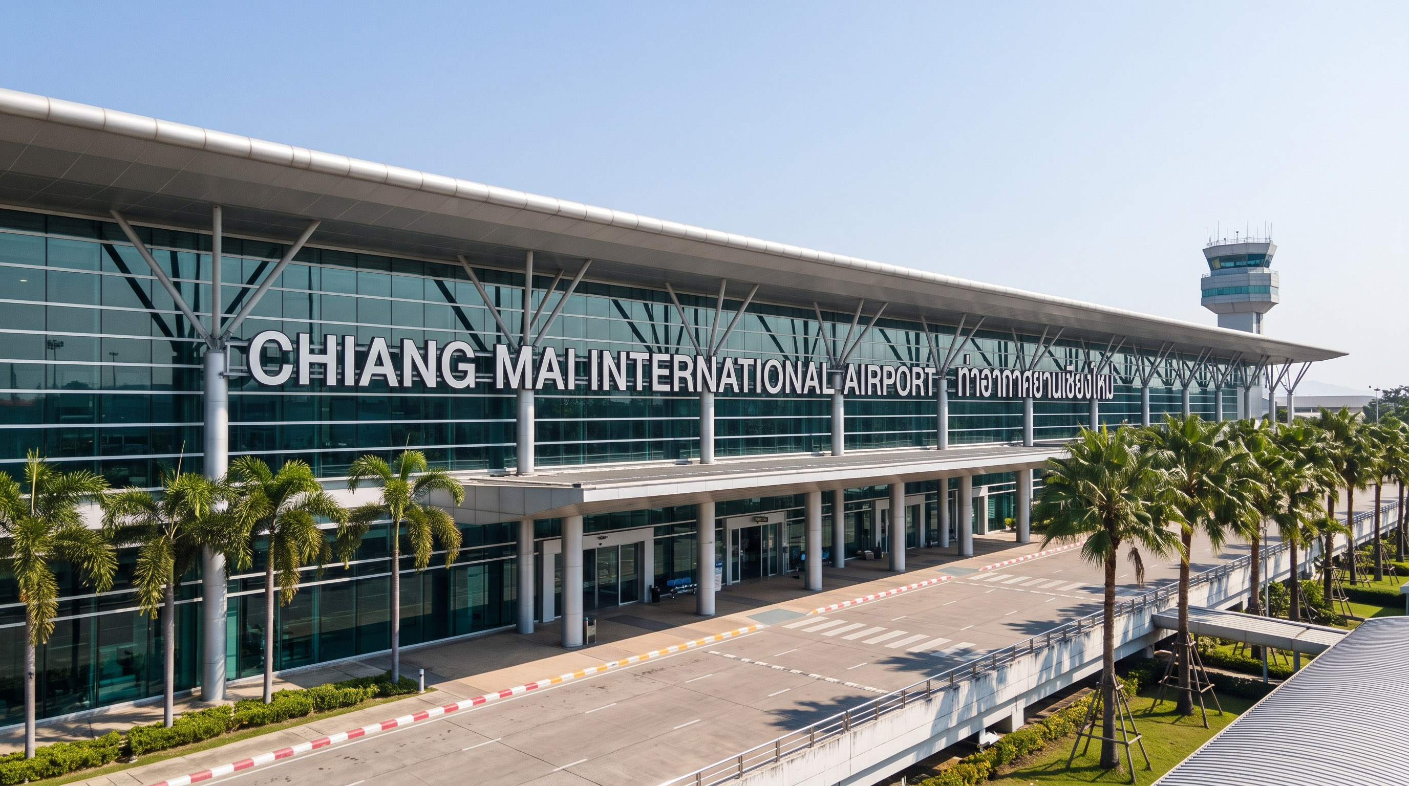 Chiang Mai International Airport terminal, palm trees, and control tower.