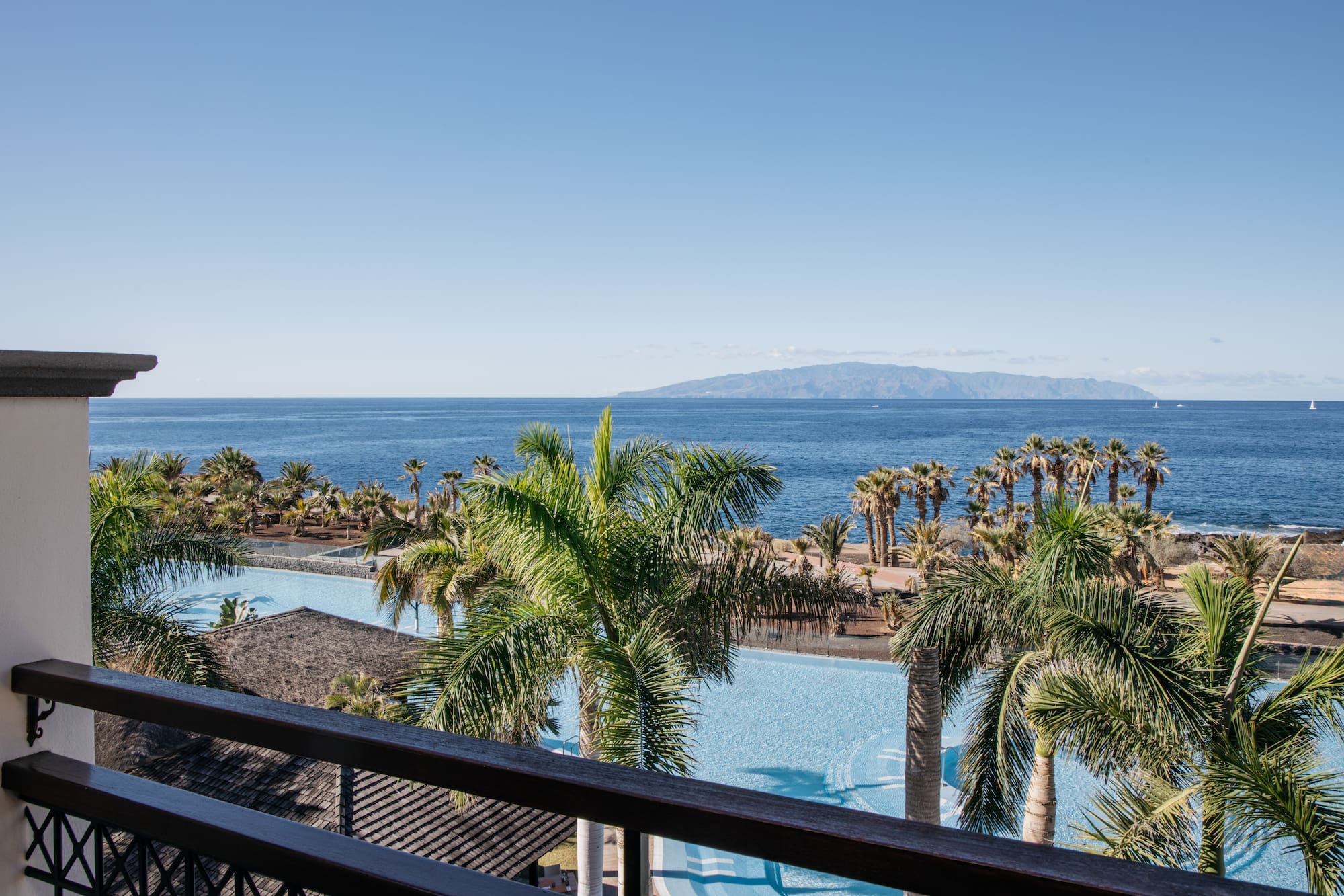 a pool with palm trees and a body of water