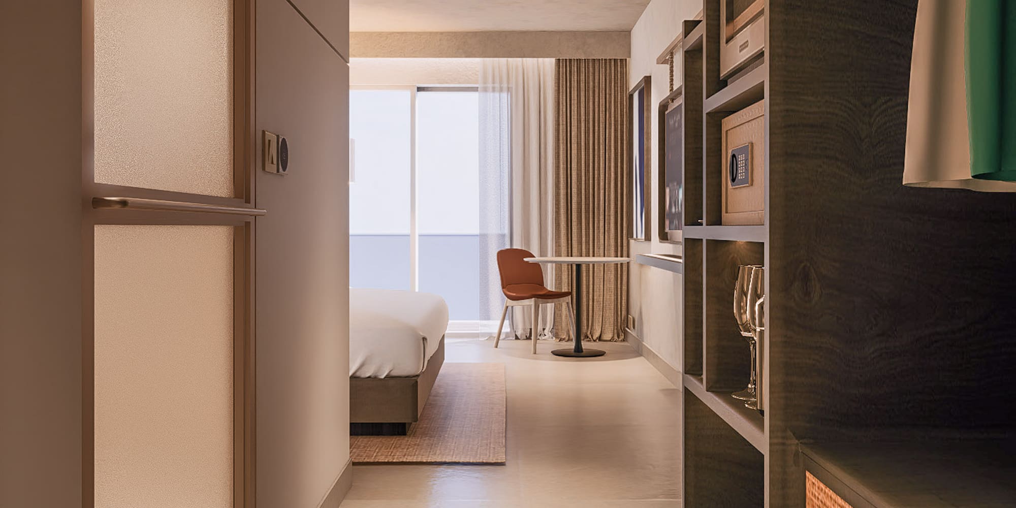 a room with a bed and a table