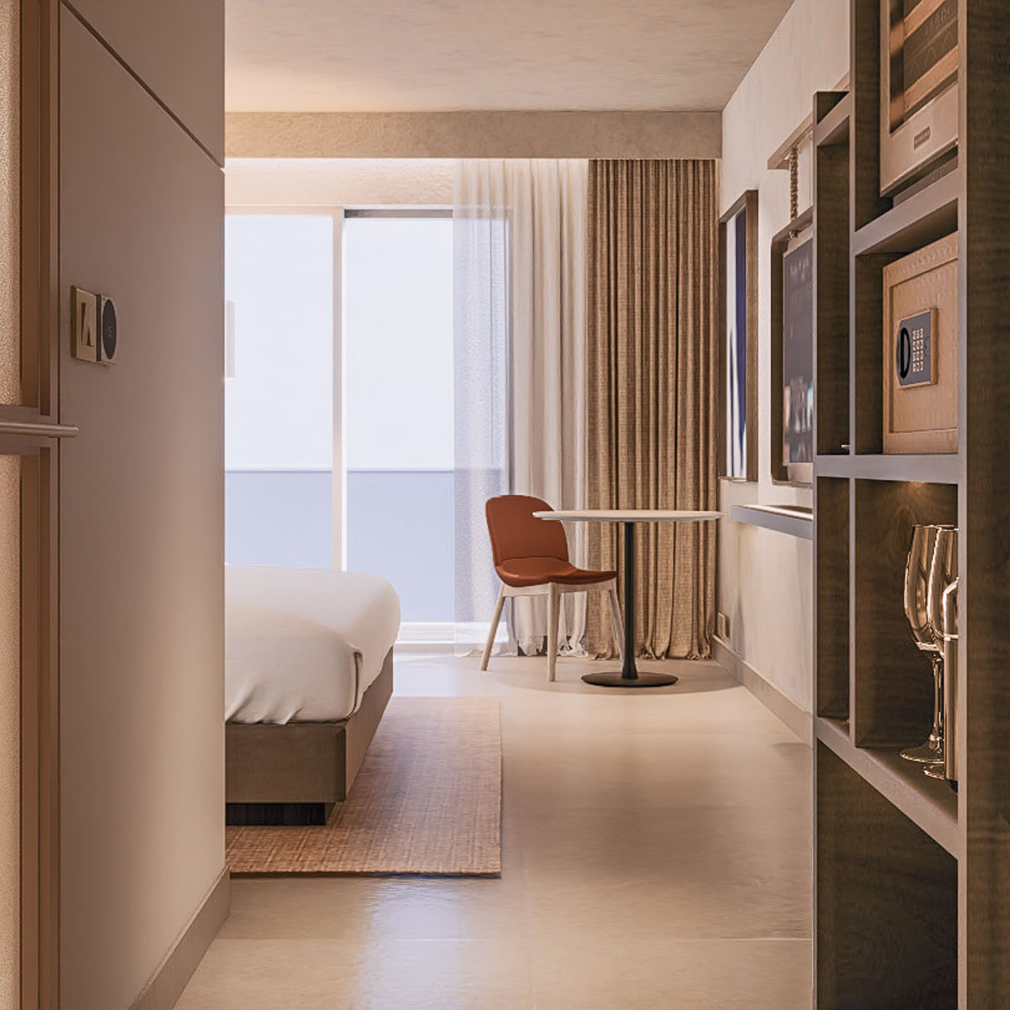 a room with a bed and a table