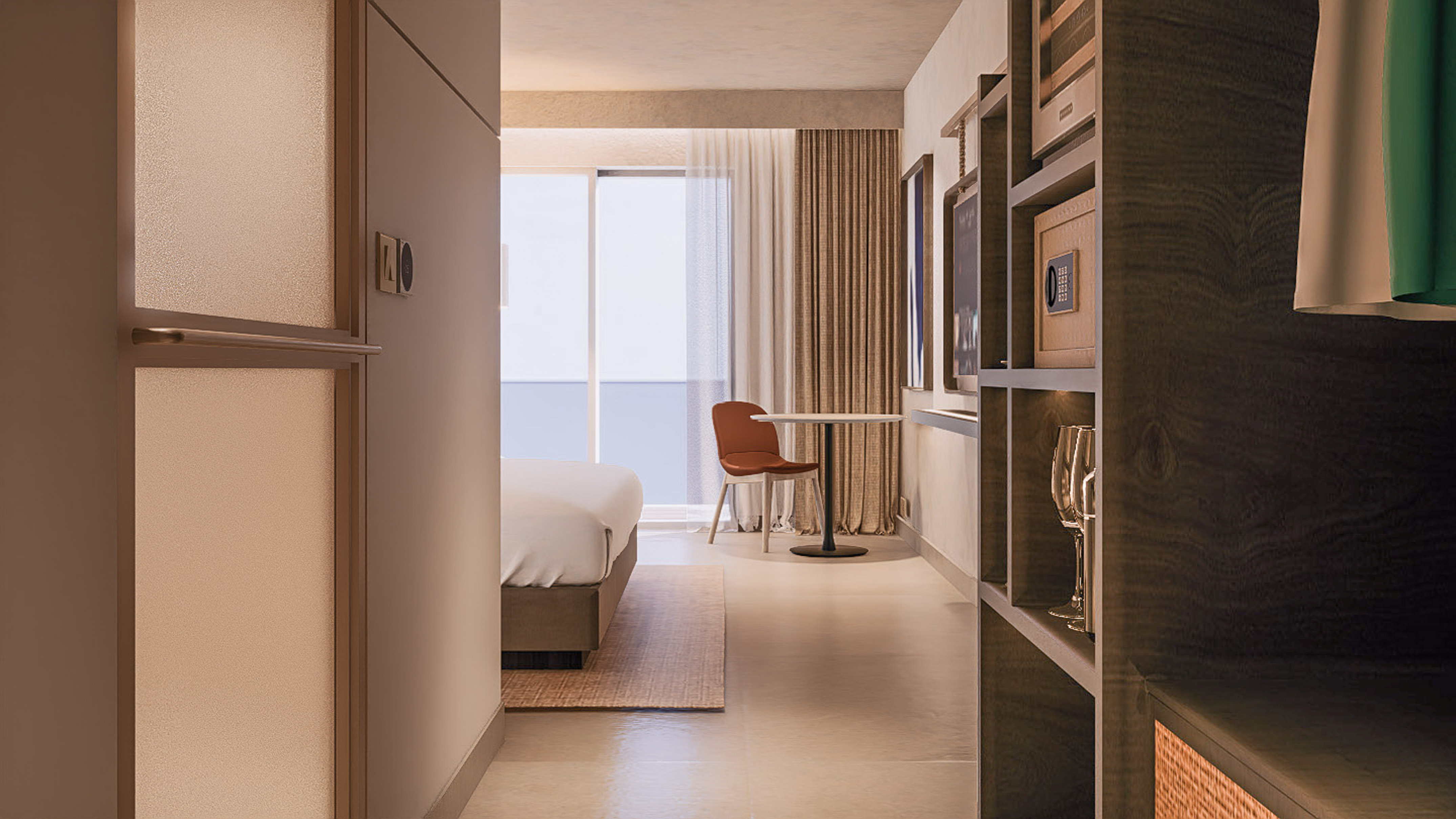 a room with a bed and a table