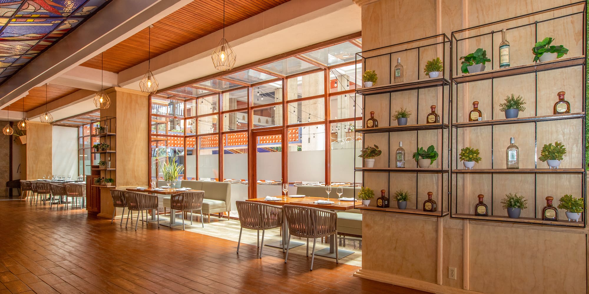 a room with tables and chairs