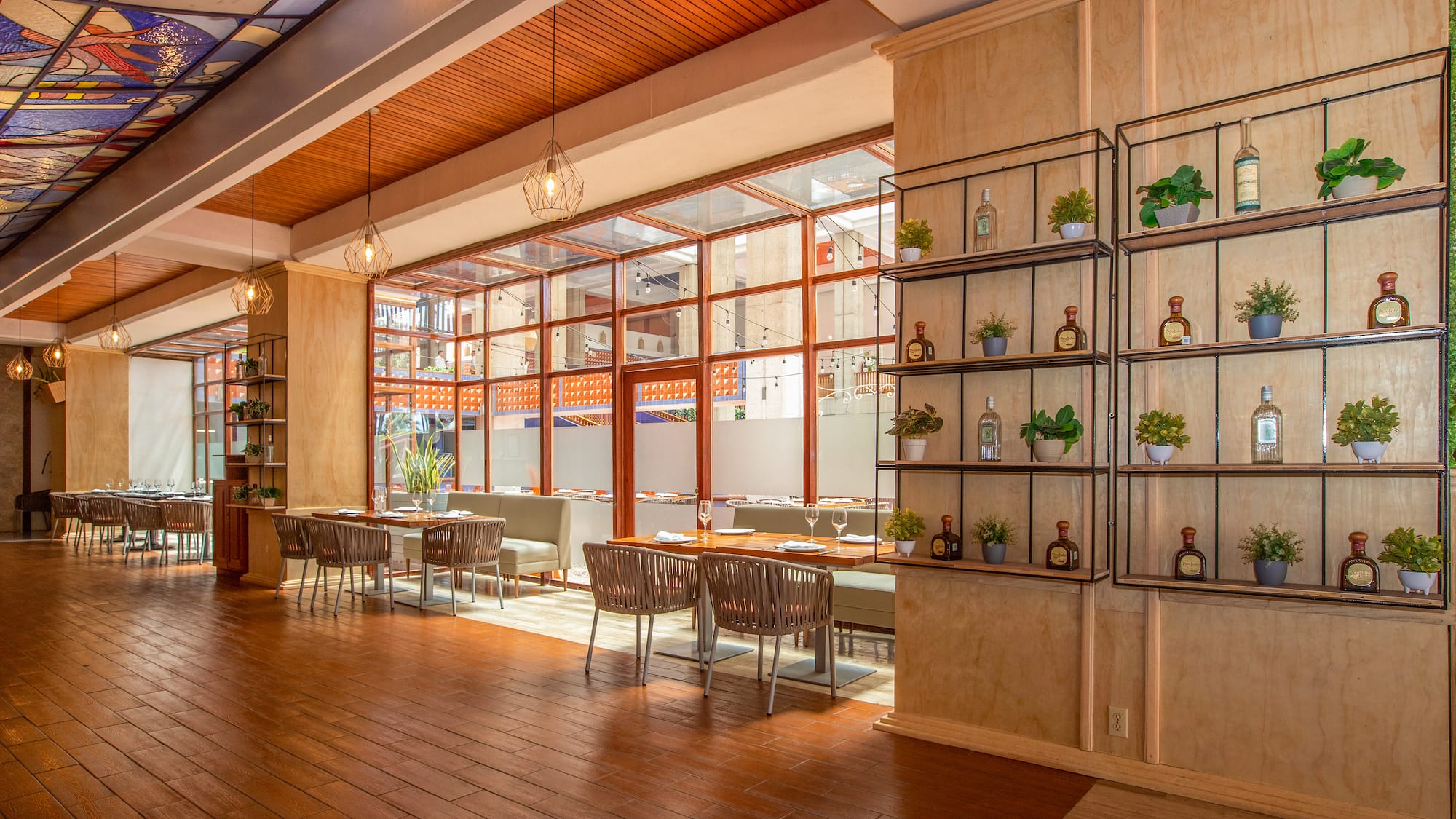 a room with tables and chairs