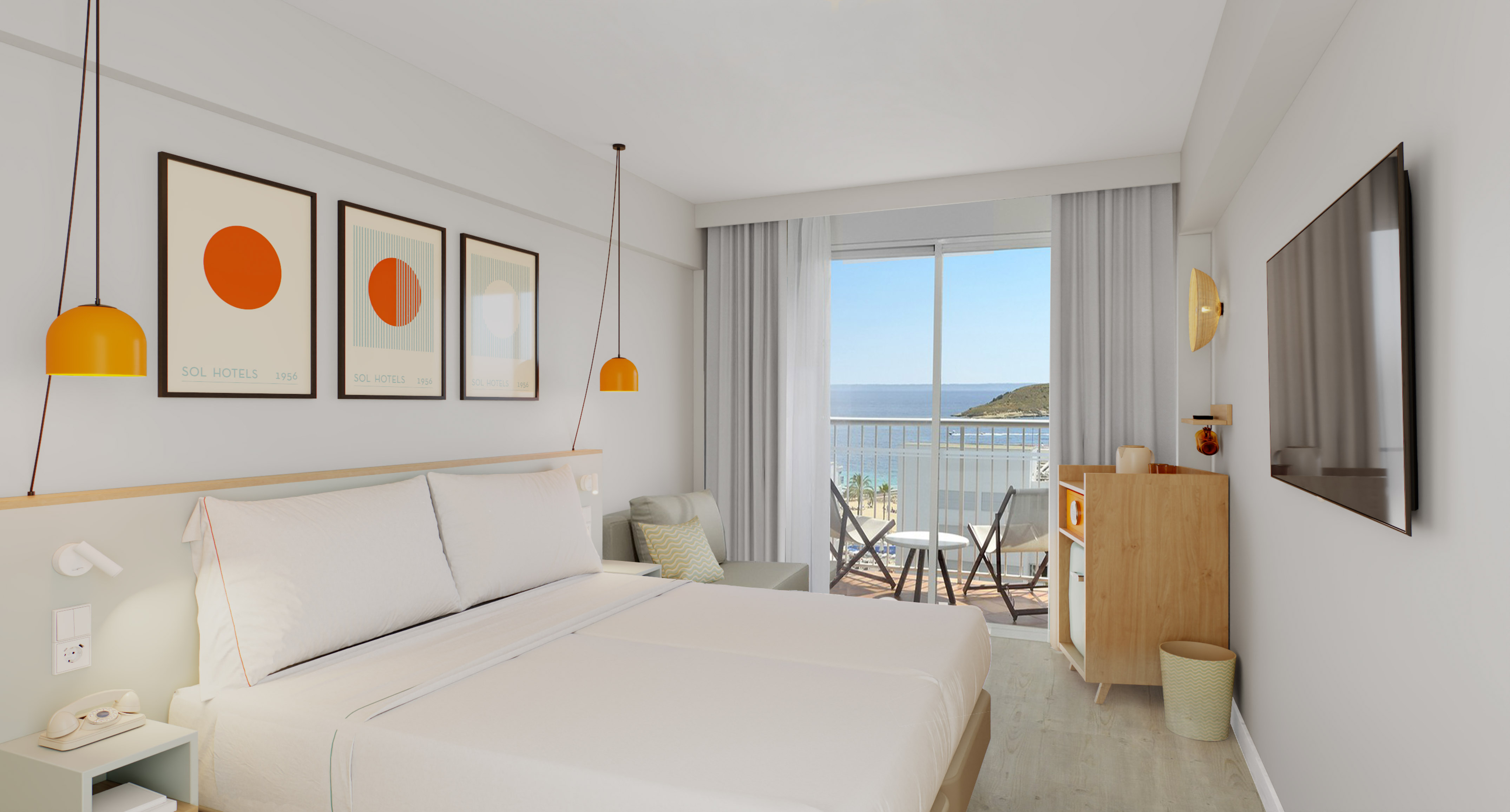Modern hotel room with sea view balcony, white bed, and abstract art.