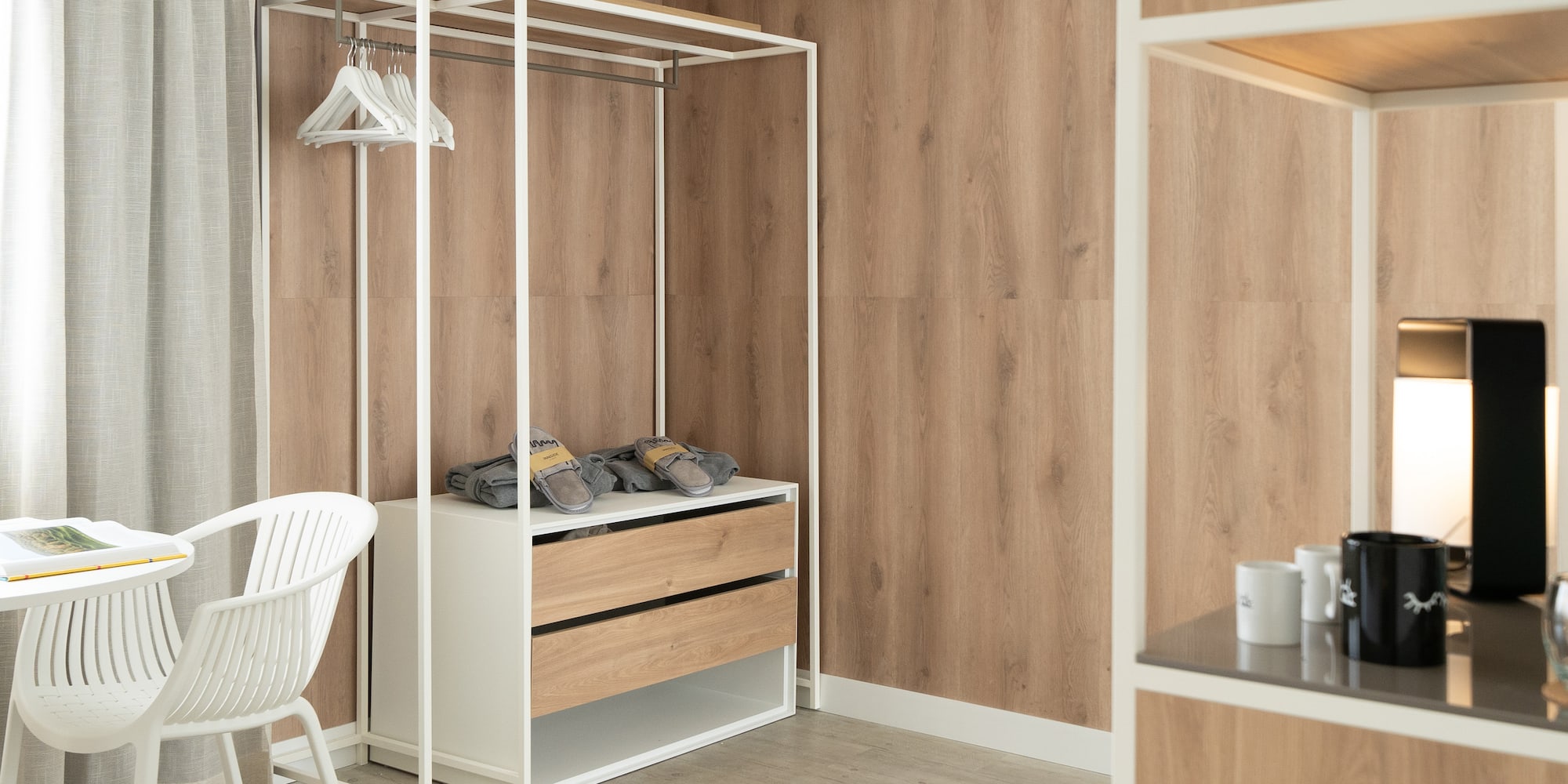 a room with a closet and a chair