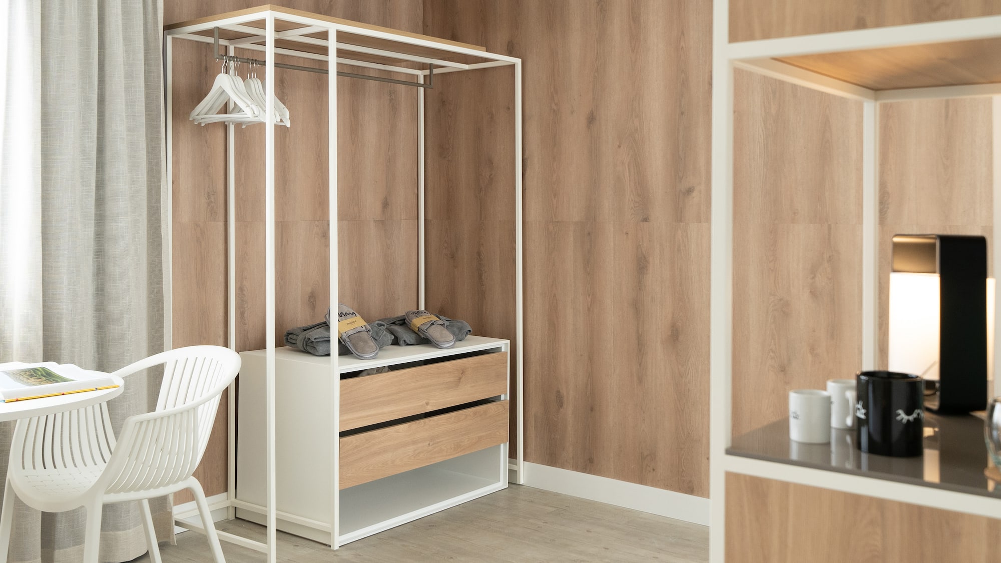 a room with a closet and a chair