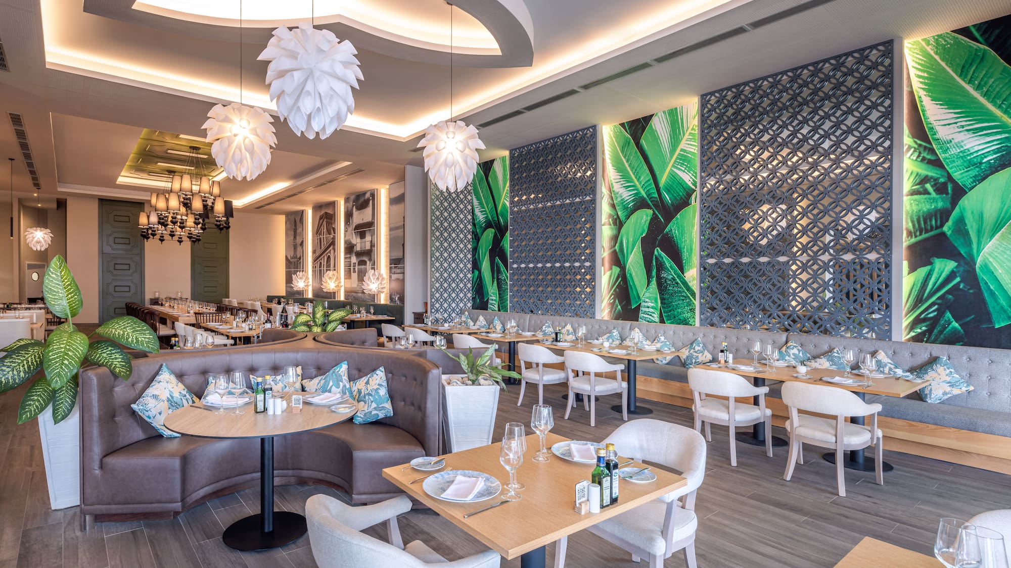 a restaurant with tables and chairs