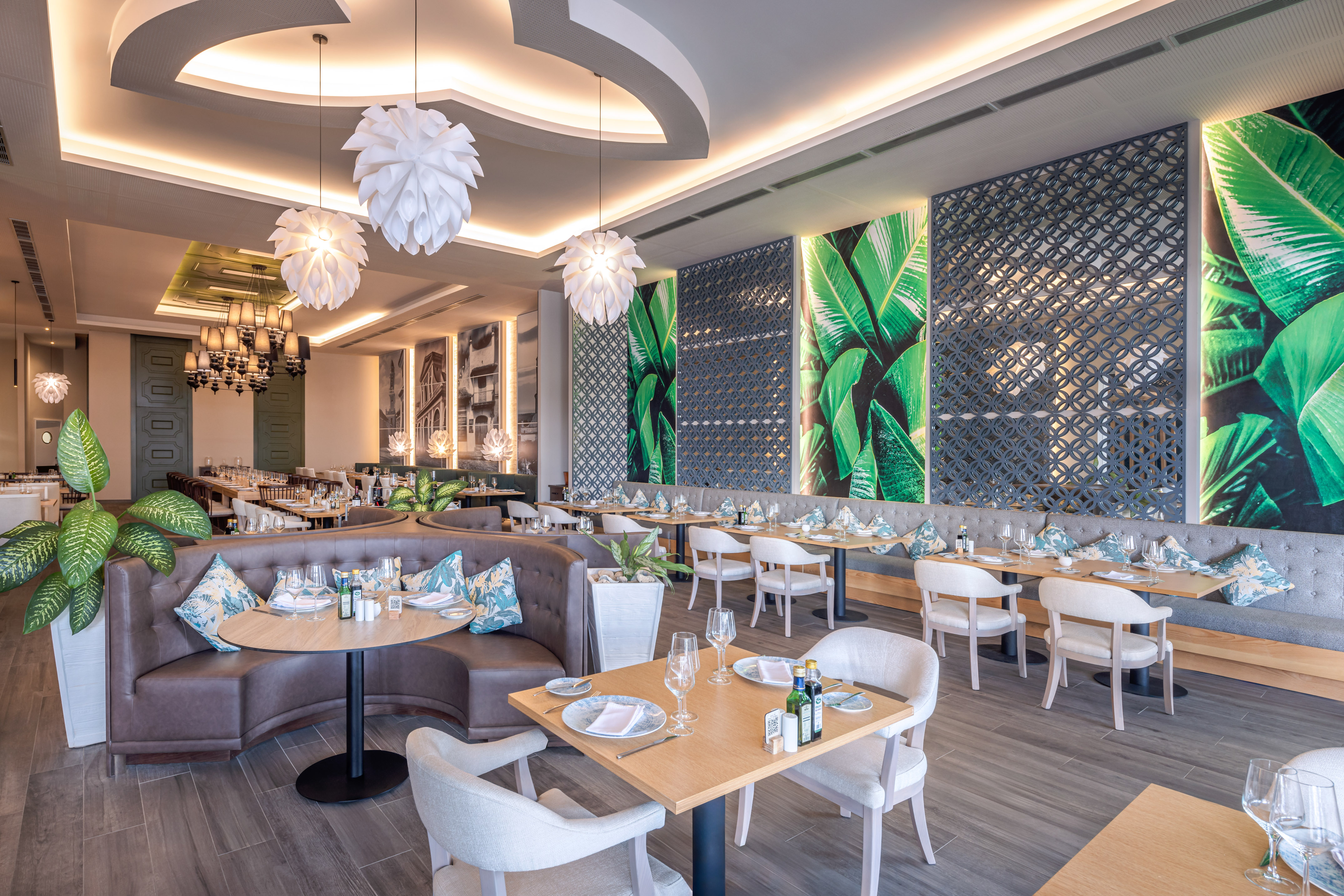 a restaurant with tables and chairs