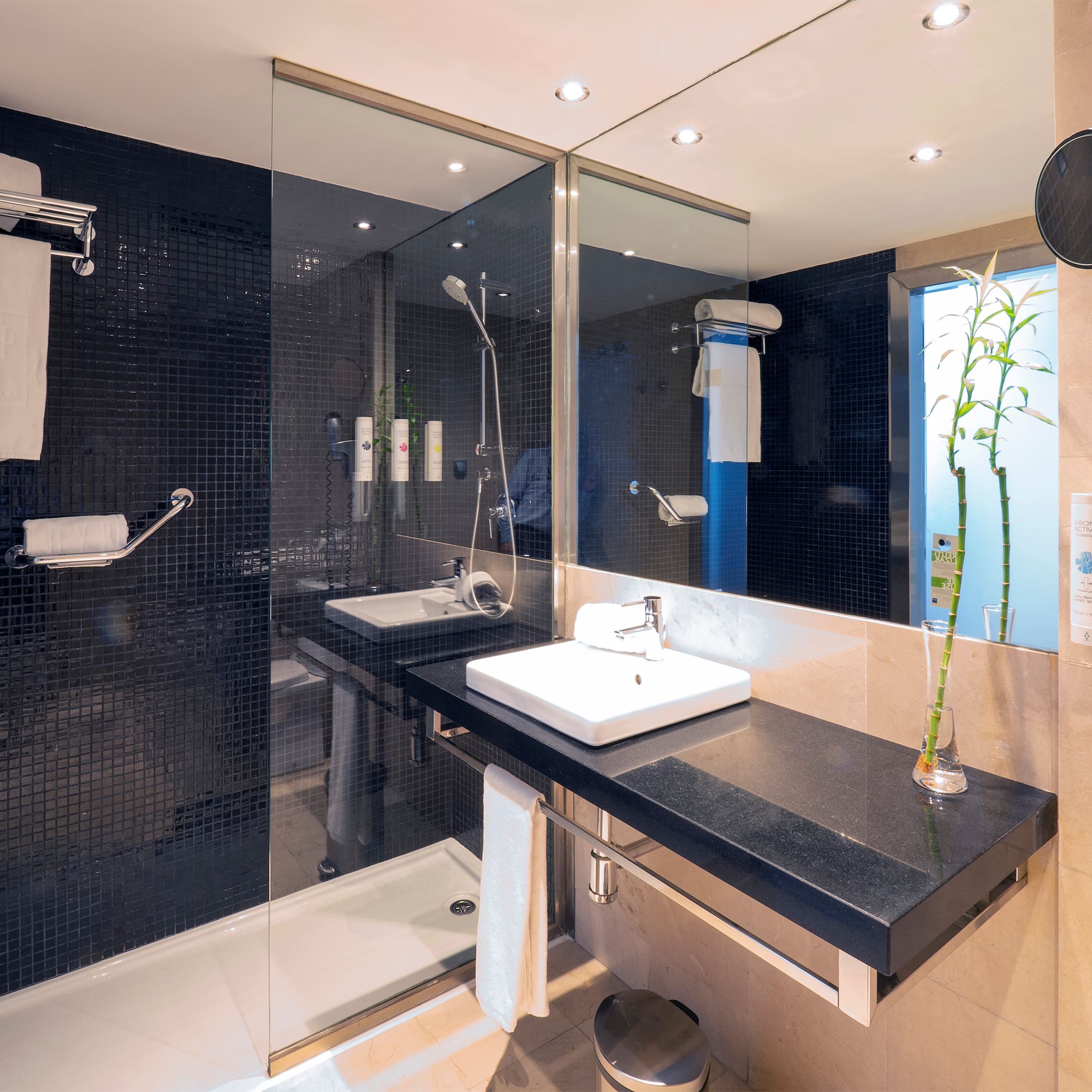 a bathroom with a shower and sink