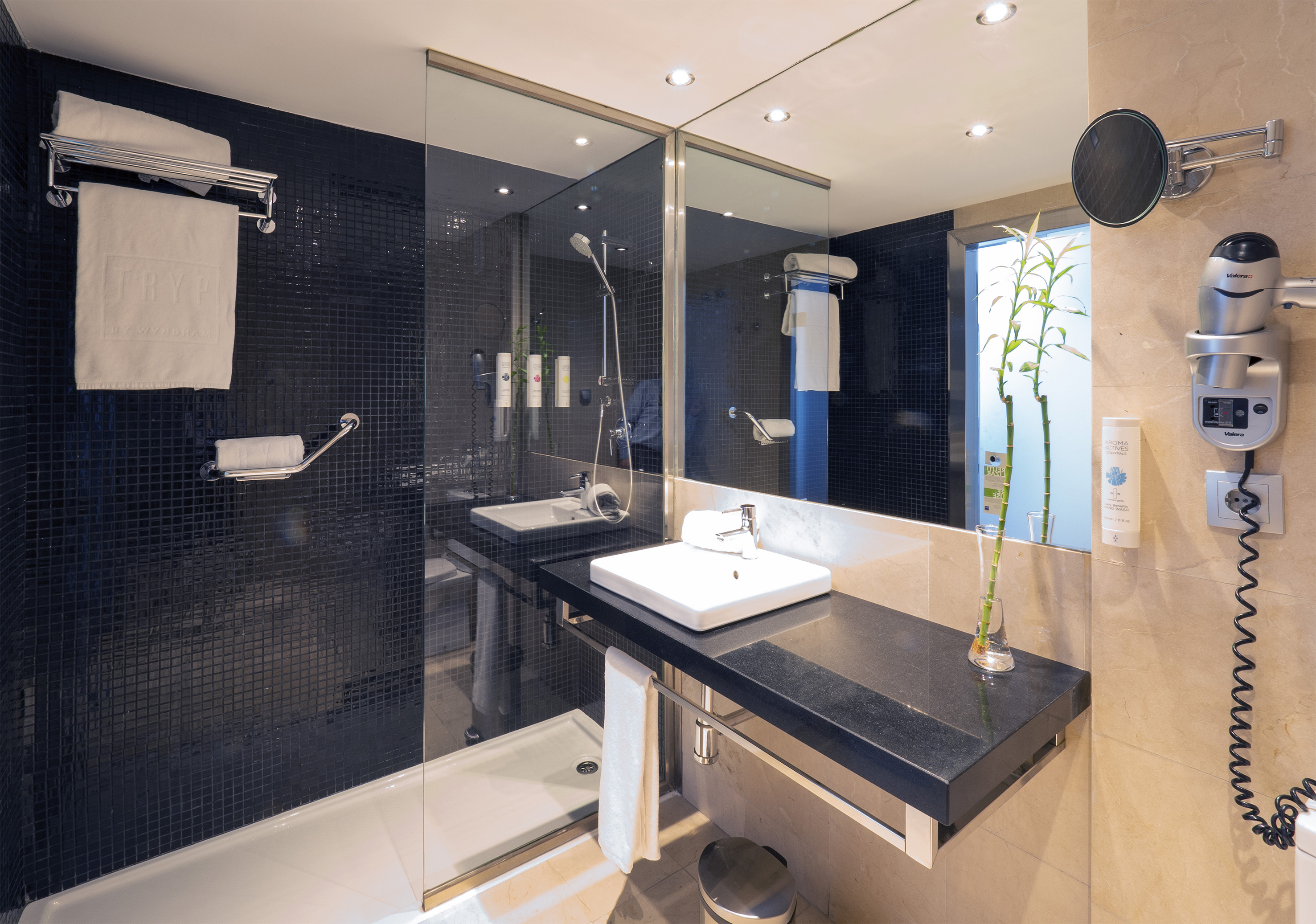 Modern bathroom with black mosaic shower, white sink vanity, and large mirror.