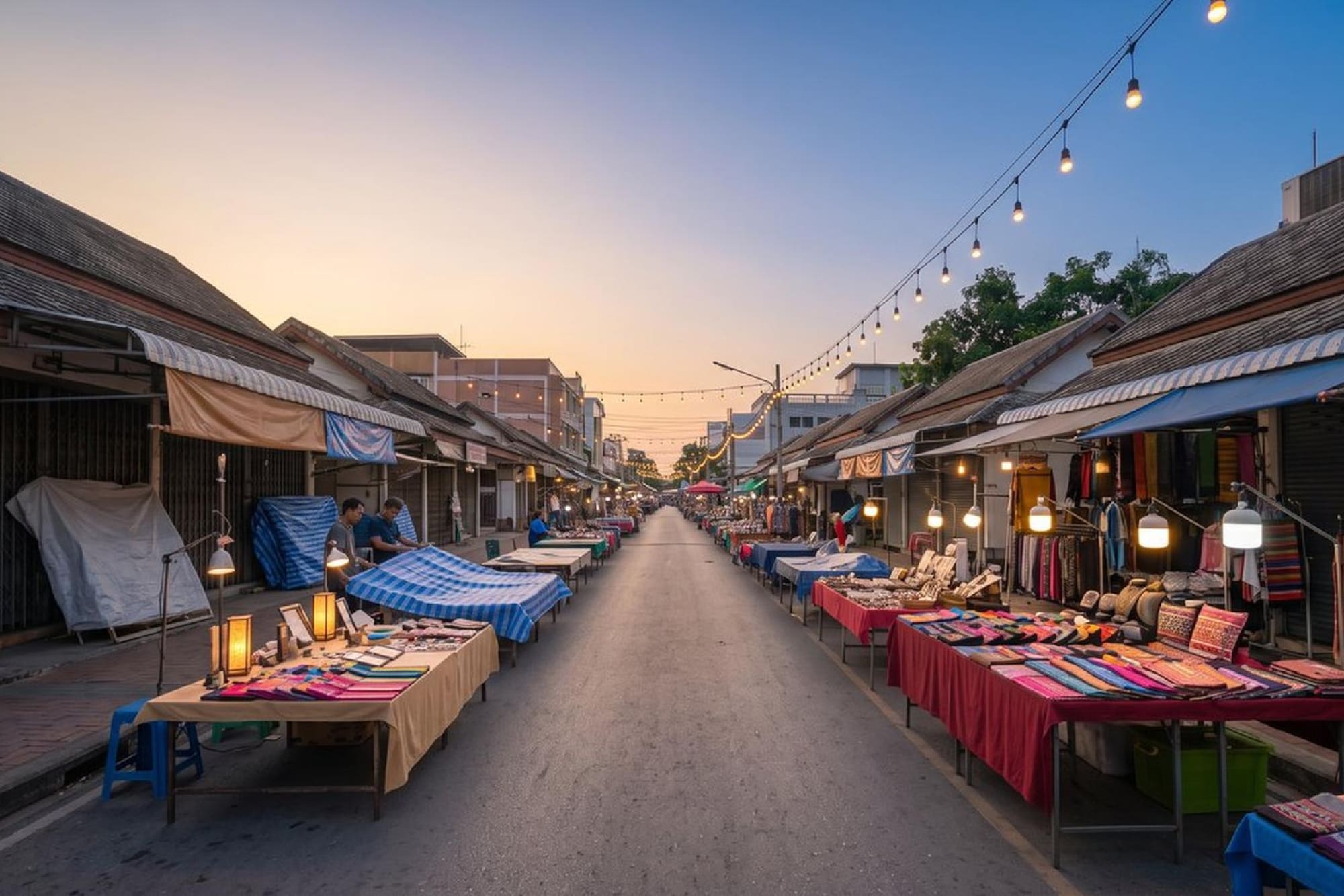 Evening street market with numerous stalls, colorful goods, and hanging lights at dusk.