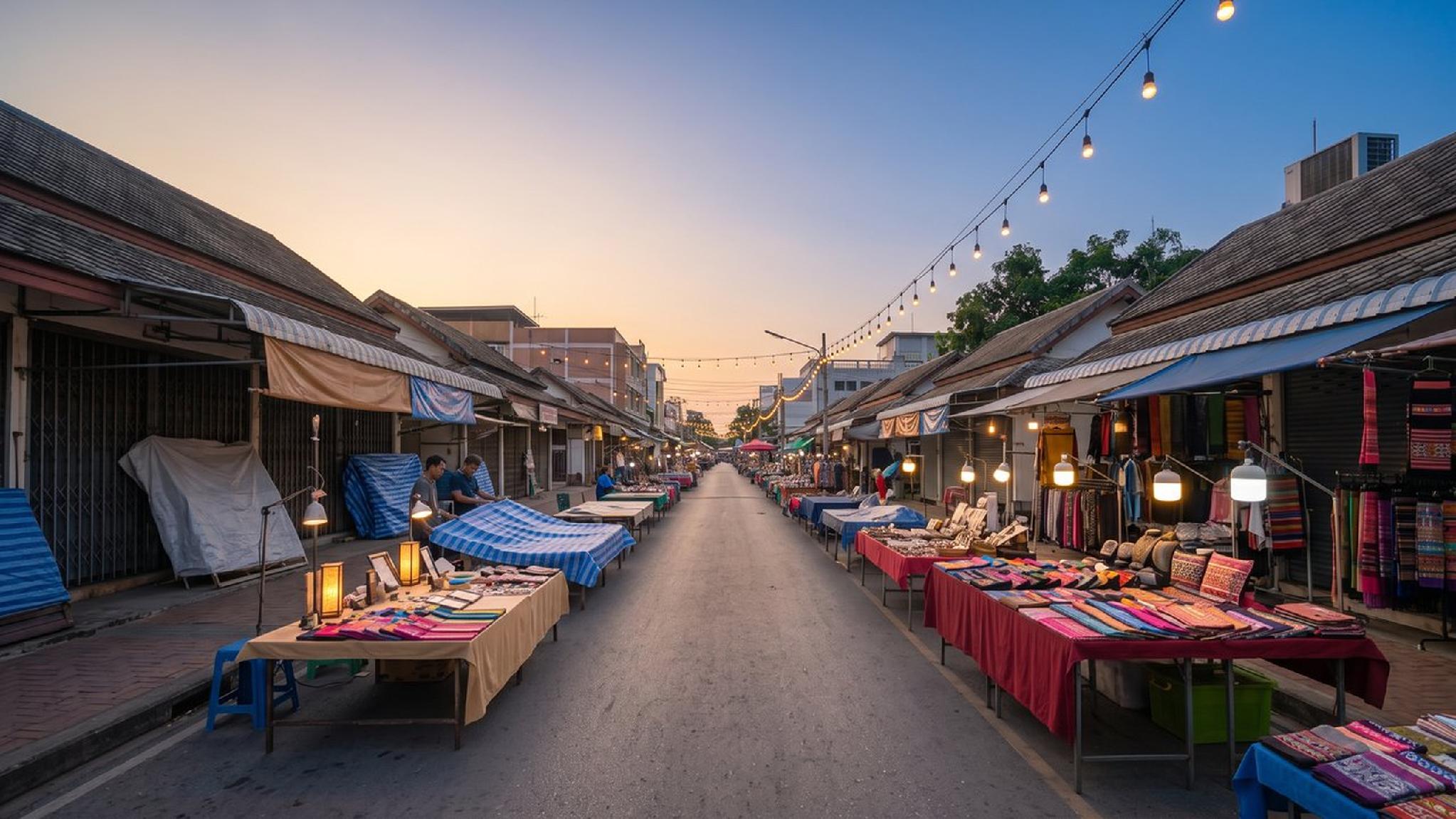 Evening street market with numerous stalls, colorful goods, and hanging lights at dusk.