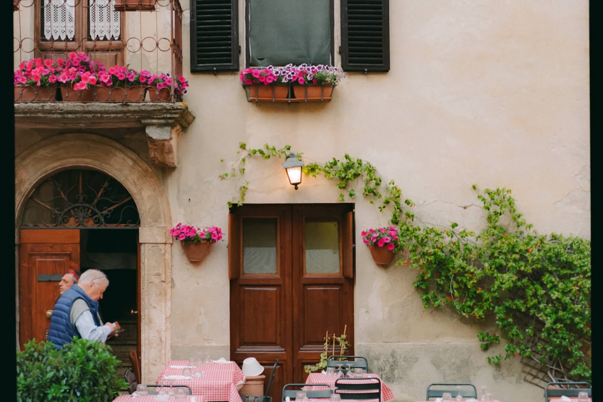 a building with tables and chairs