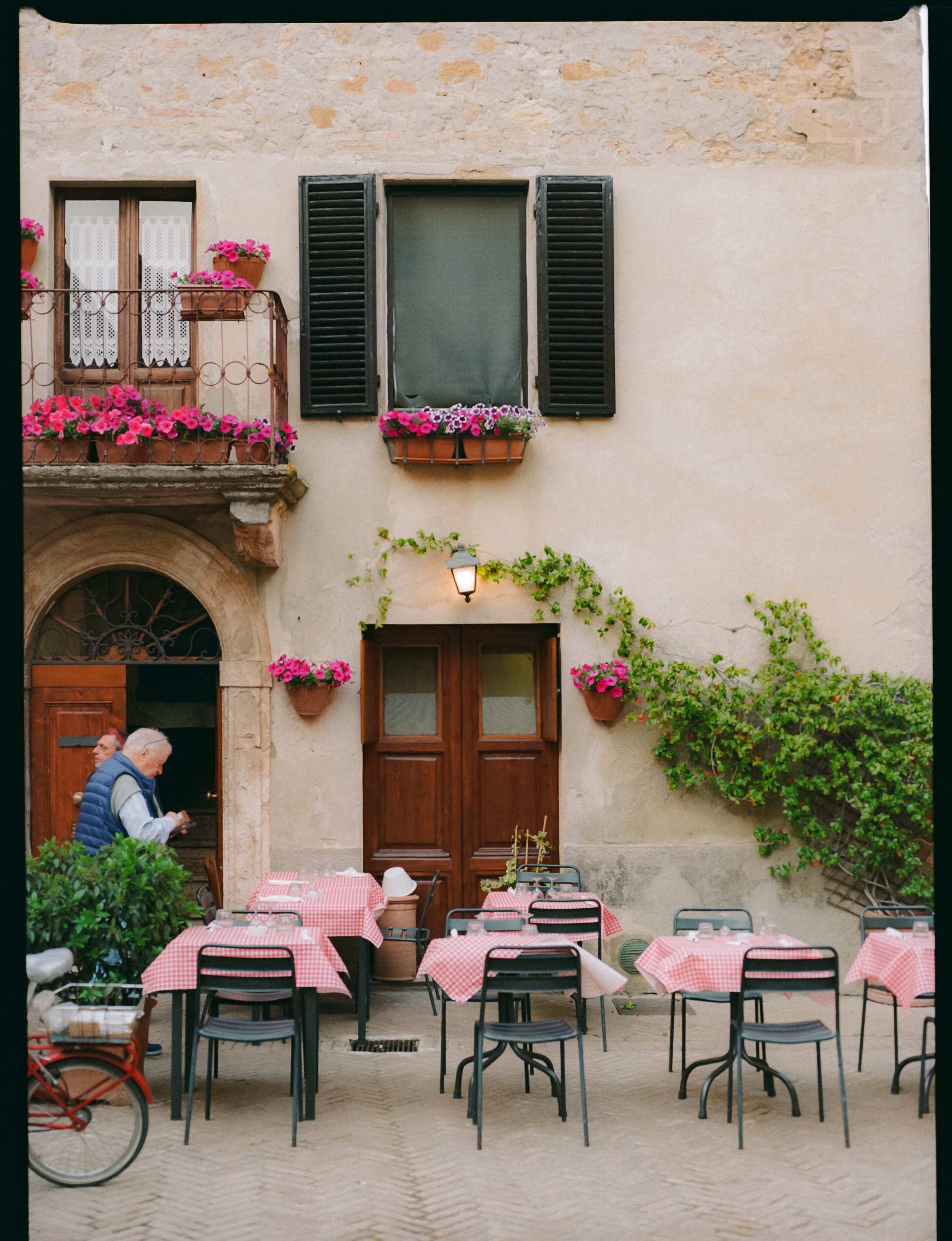 a building with tables and chairs